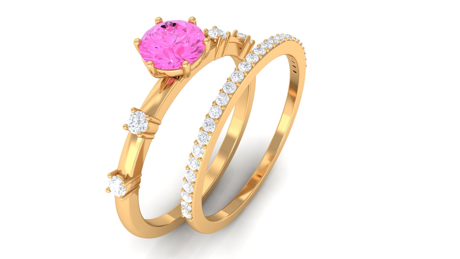 Round Pink Sapphire and Diamond Simple Ring Set Pink Sapphire - ( AAA ) - Quality - Rosec Jewels