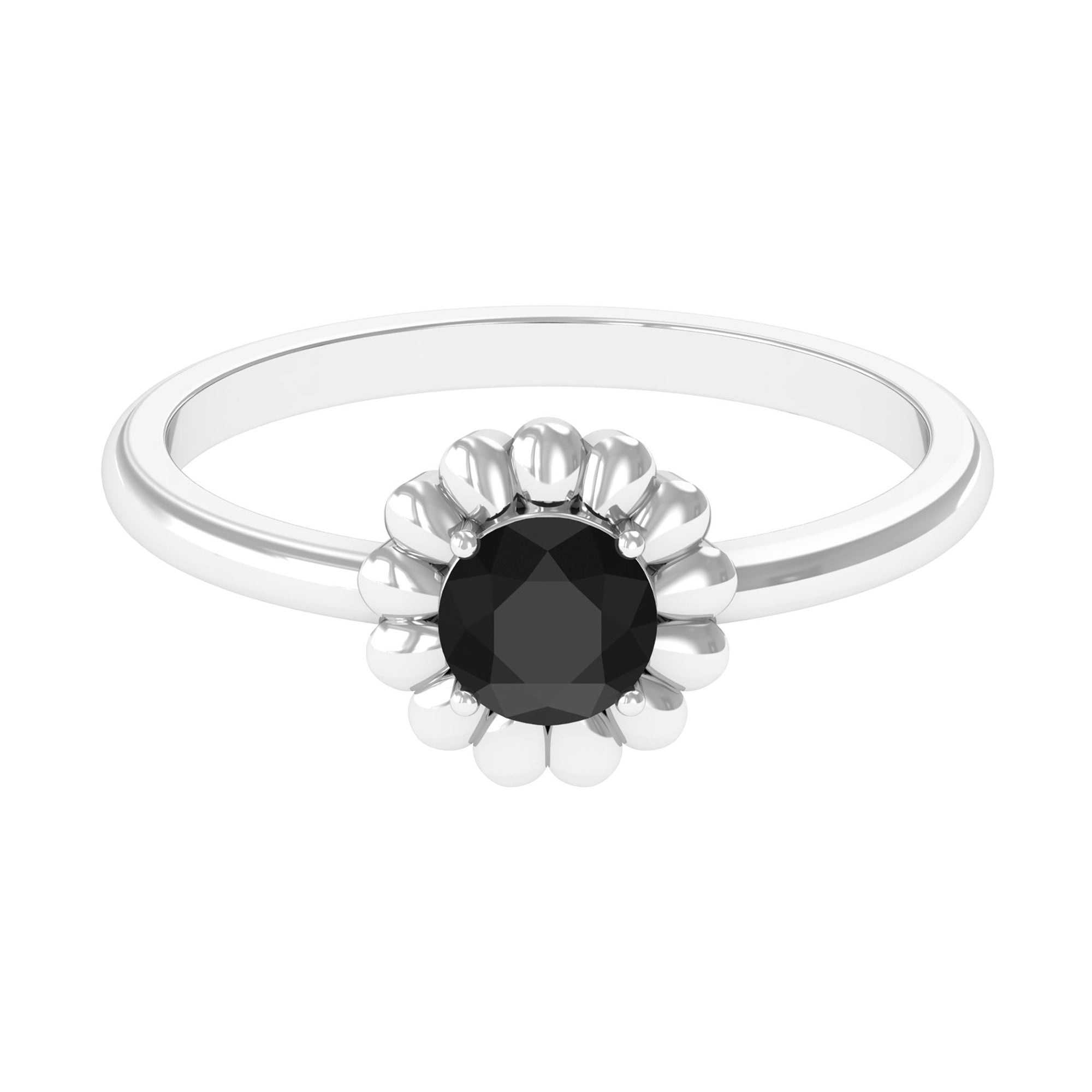 3/4 CT Round Cut Solitaire Created Black Diamond Gold Flower Ring Lab Created Black Diamond - ( AAAA ) - Quality - Rosec Jewels