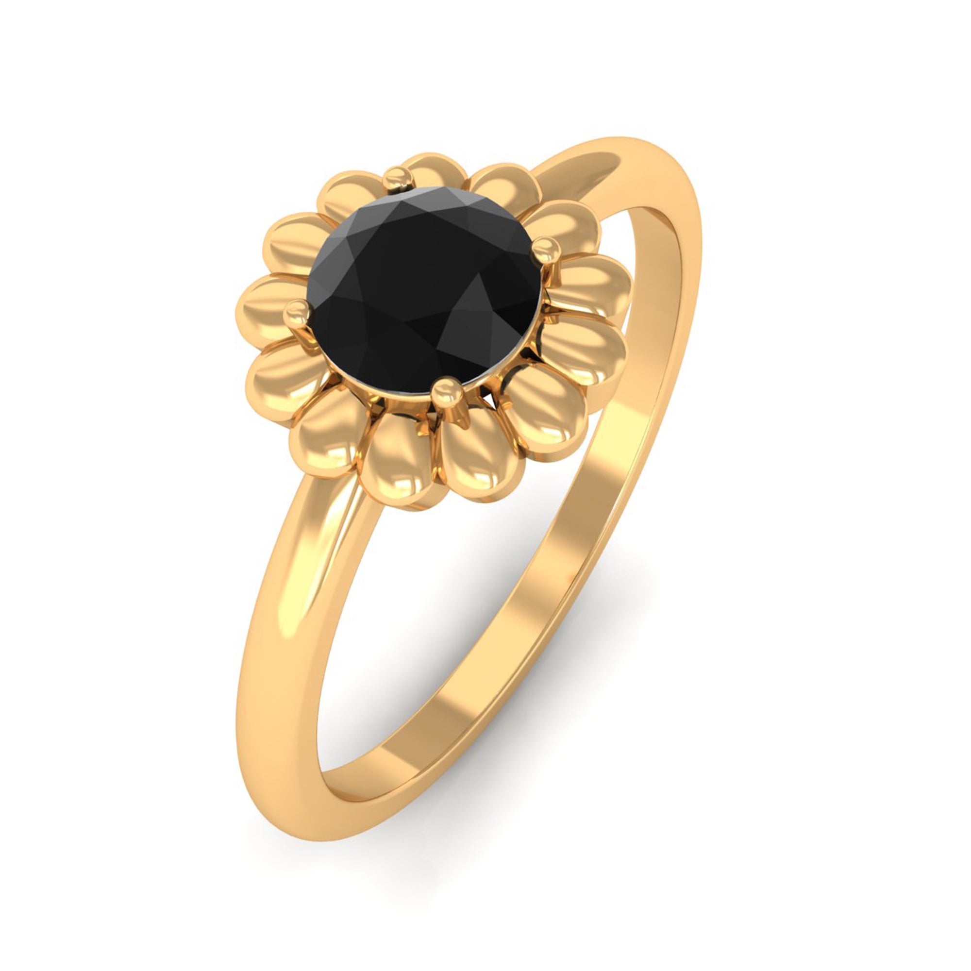 3/4 CT Round Cut Solitaire Created Black Diamond Gold Flower Ring Lab Created Black Diamond - ( AAAA ) - Quality - Rosec Jewels