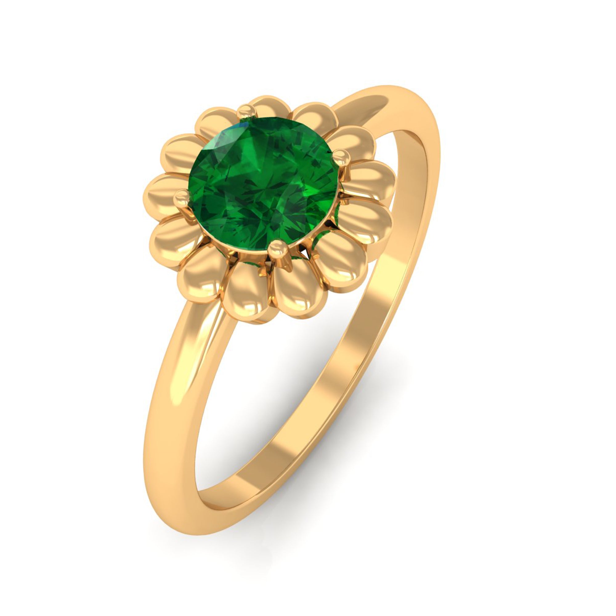 5 MM Round Lab Created Emerald Gold Floral Solitaire Ring in Prong Setting Lab Created Emerald - ( AAAA ) - Quality - Rosec Jewels