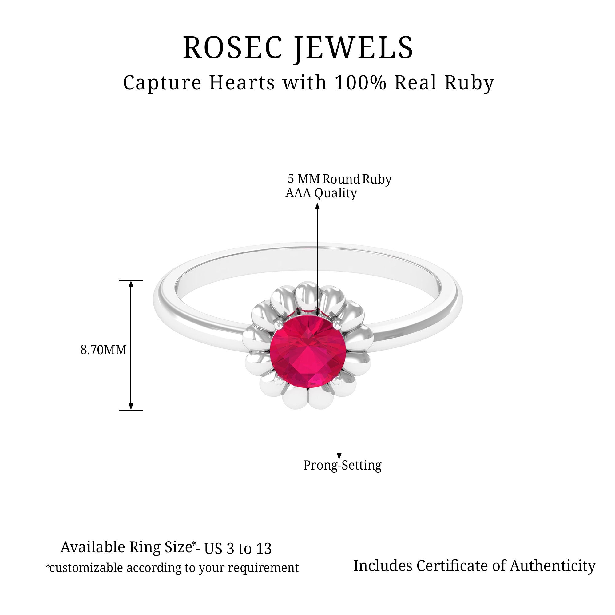 3/4 CT Round Cut Solitaire Ruby Gold Flower Ring Ruby - ( AAA ) - Quality - Rosec Jewels