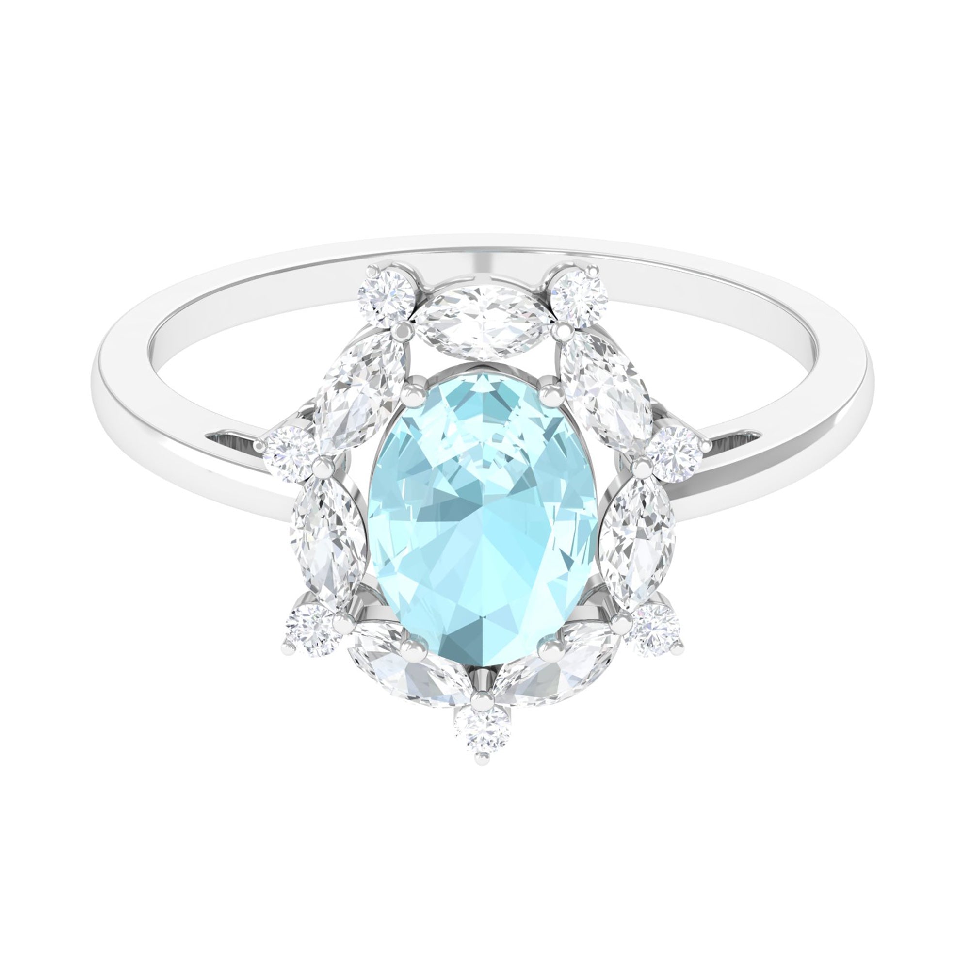 Oval Sky Blue Topaz Designer Halo Engagement Ring with Moissanite Sky Blue Topaz - ( AAA ) - Quality - Rosec Jewels