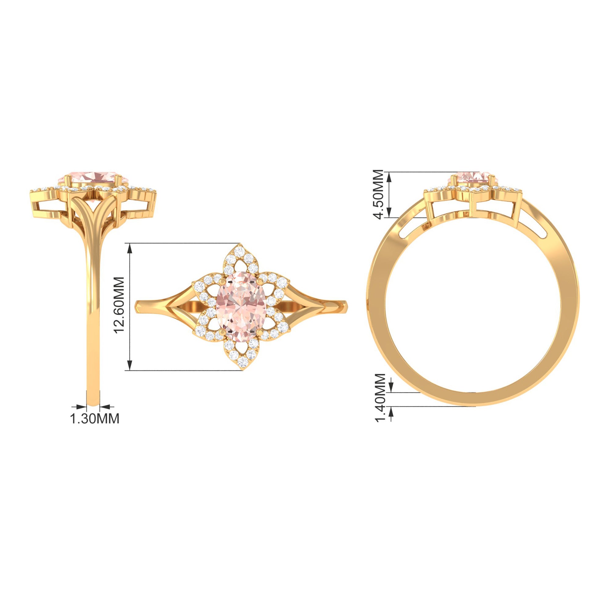 Oval Morganite and Diamond Flower Engagement Ring in Split Shank Morganite - ( AAA ) - Quality - Rosec Jewels