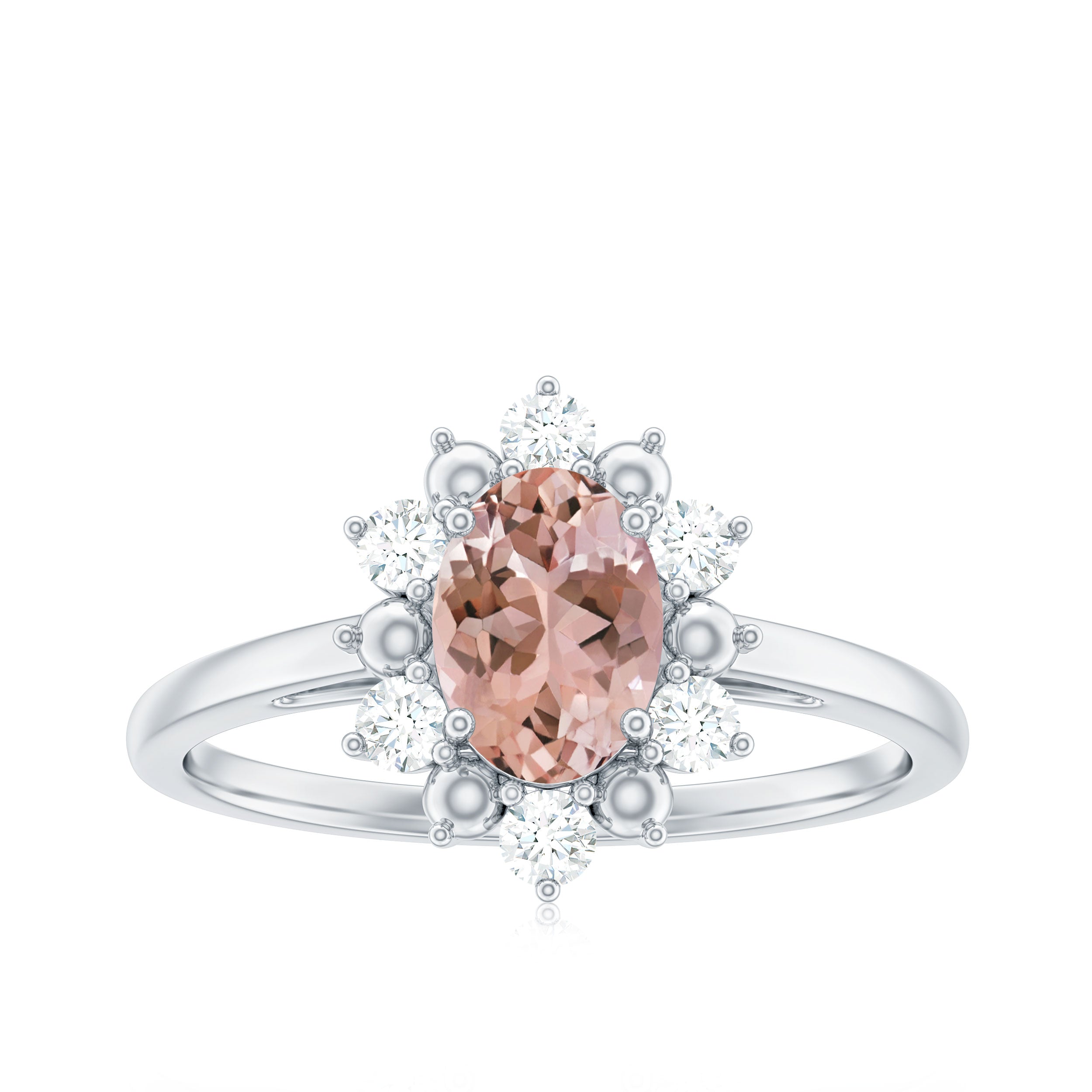 Oval Morganite Floral Halo Engagement Ring with Diamond Morganite - ( AAA ) - Quality - Rosec Jewels