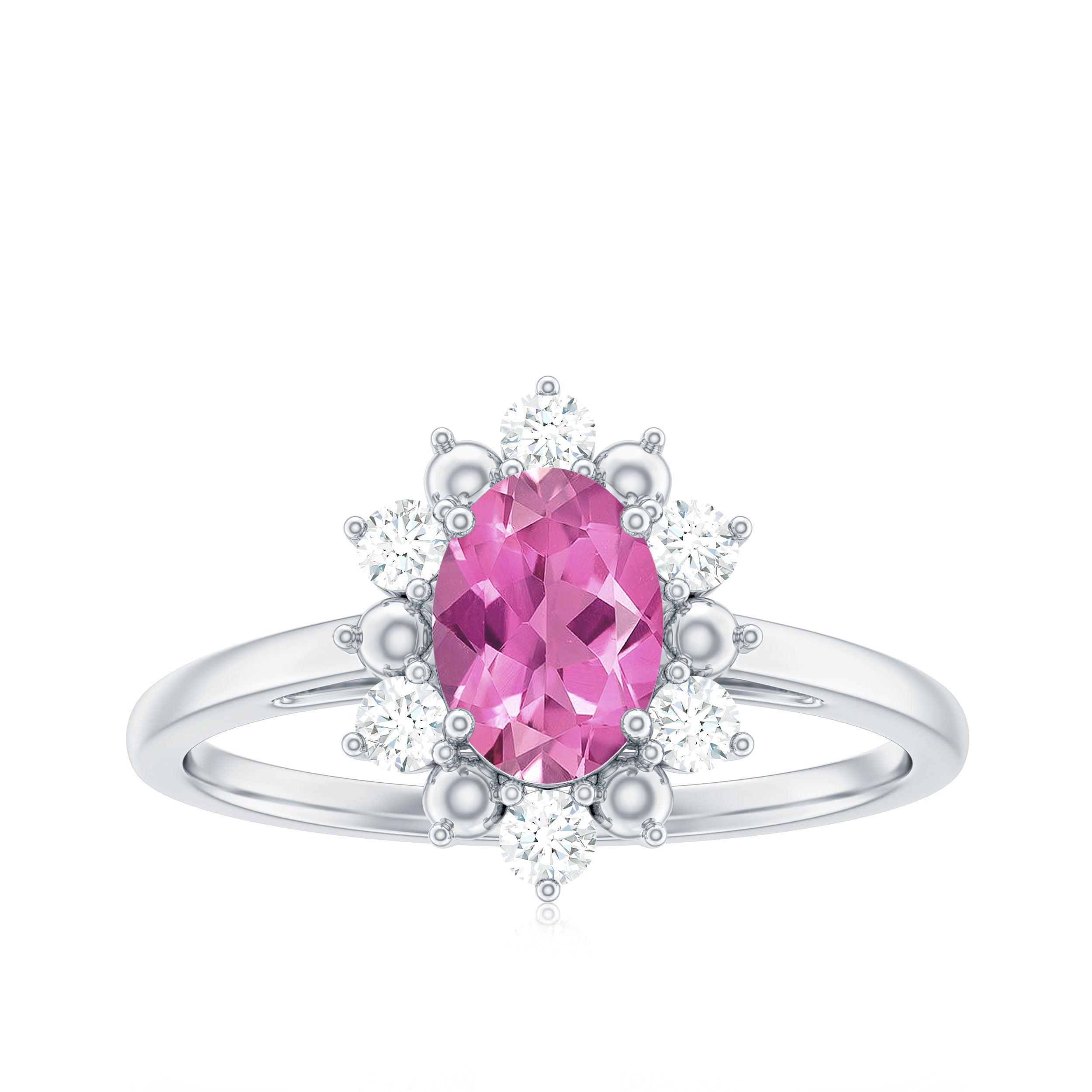 Oval Pink Tourmaline Floral Halo Engagement Ring with Diamond Pink Tourmaline - ( AAA ) - Quality - Rosec Jewels