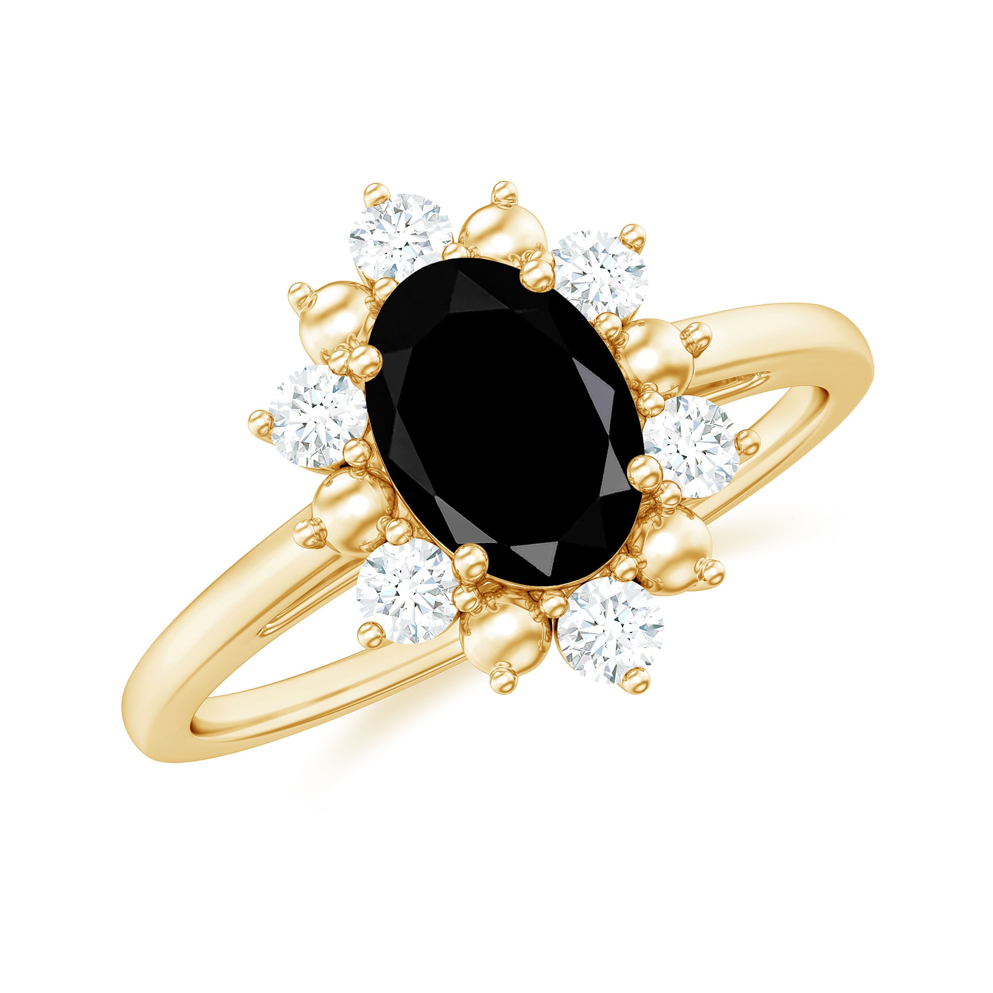 Oval Black Spinel Floral Halo Engagement Ring with Diamond Black Spinel - ( AAA ) - Quality - Rosec Jewels