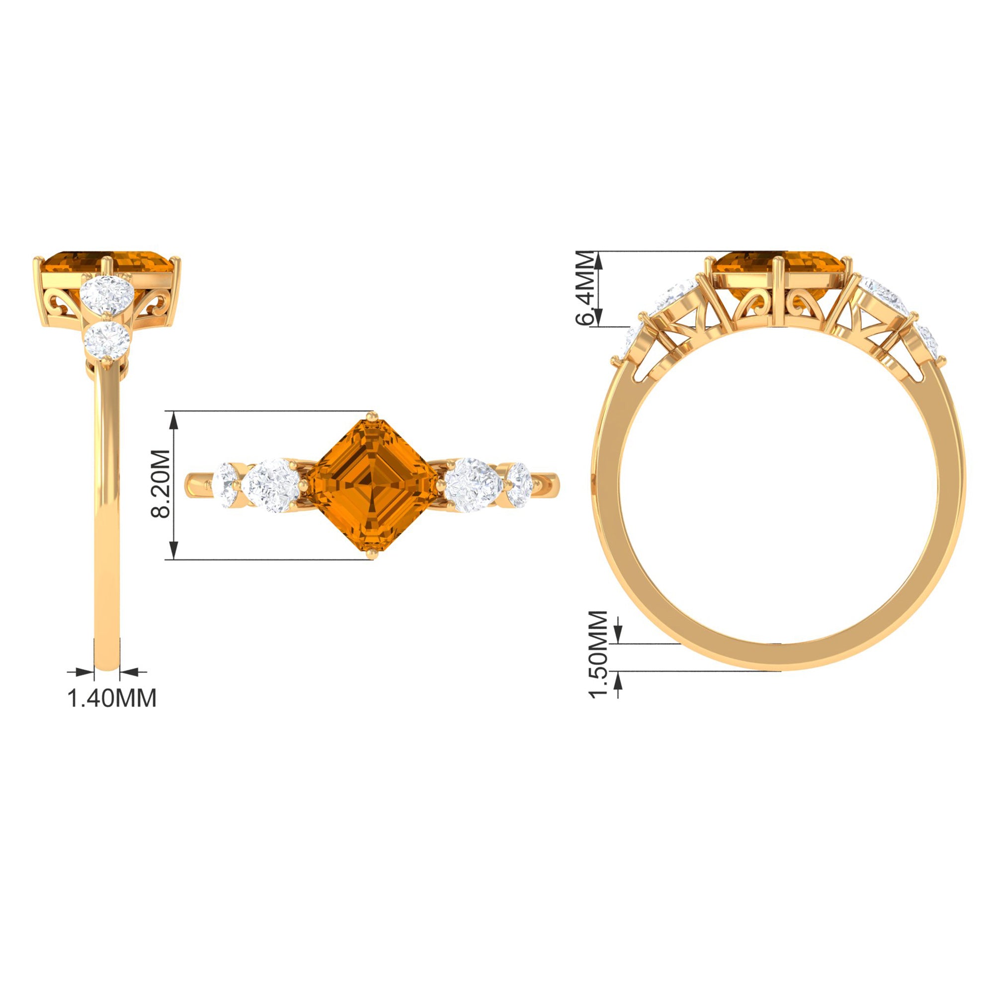 Simple Asscher Cut Citrine Solitaire Engagement Ring with Moissanite Citrine - ( AAA ) - Quality - Rosec Jewels