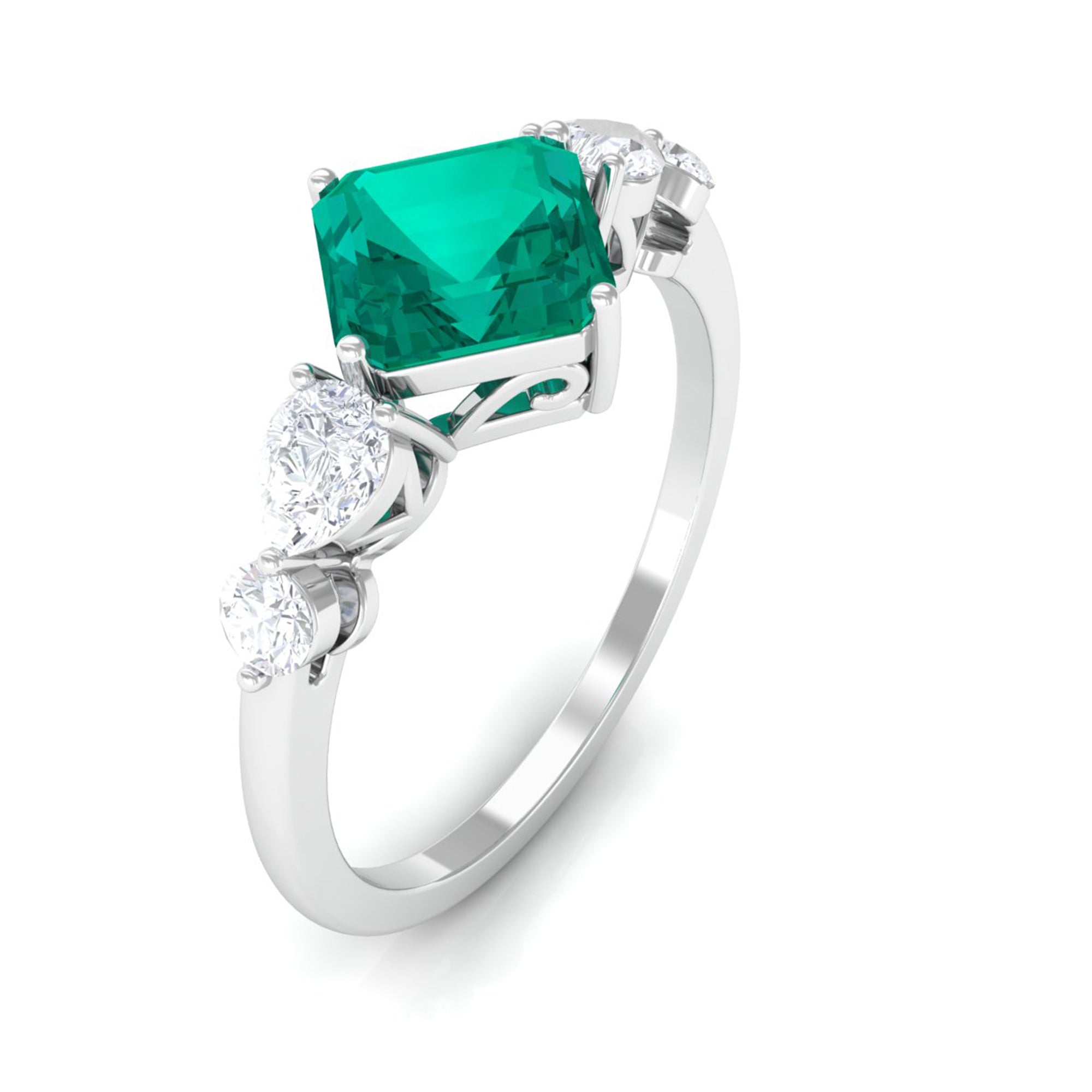 Simple Asscher shape Emerald Solitaire Engagement Ring with Diamond Emerald - ( AAA ) - Quality - Rosec Jewels