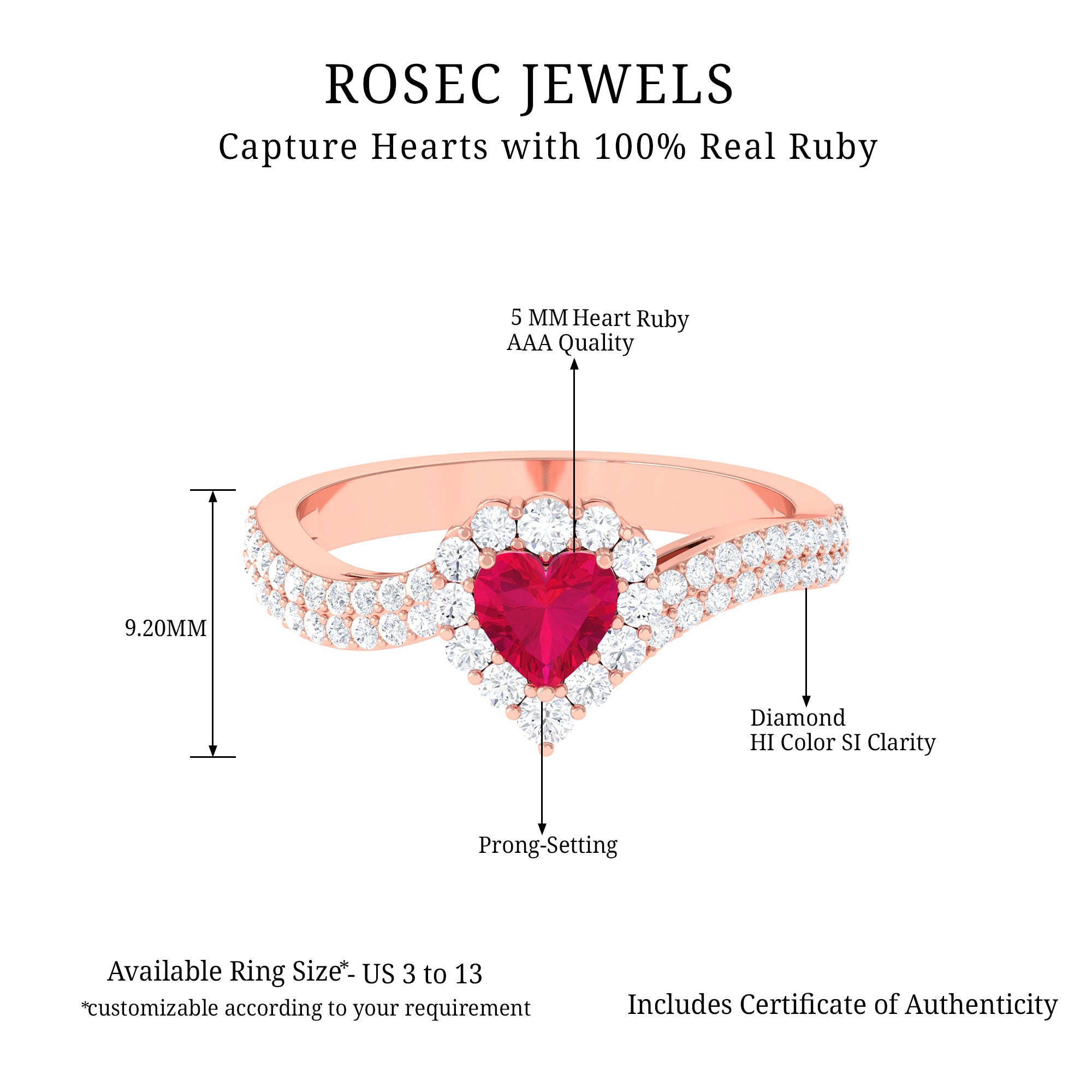 1.75 CT Heart Shape Ruby Bypass Engagement Ring with Diamond Ruby - ( AAA ) - Quality - Rosec Jewels