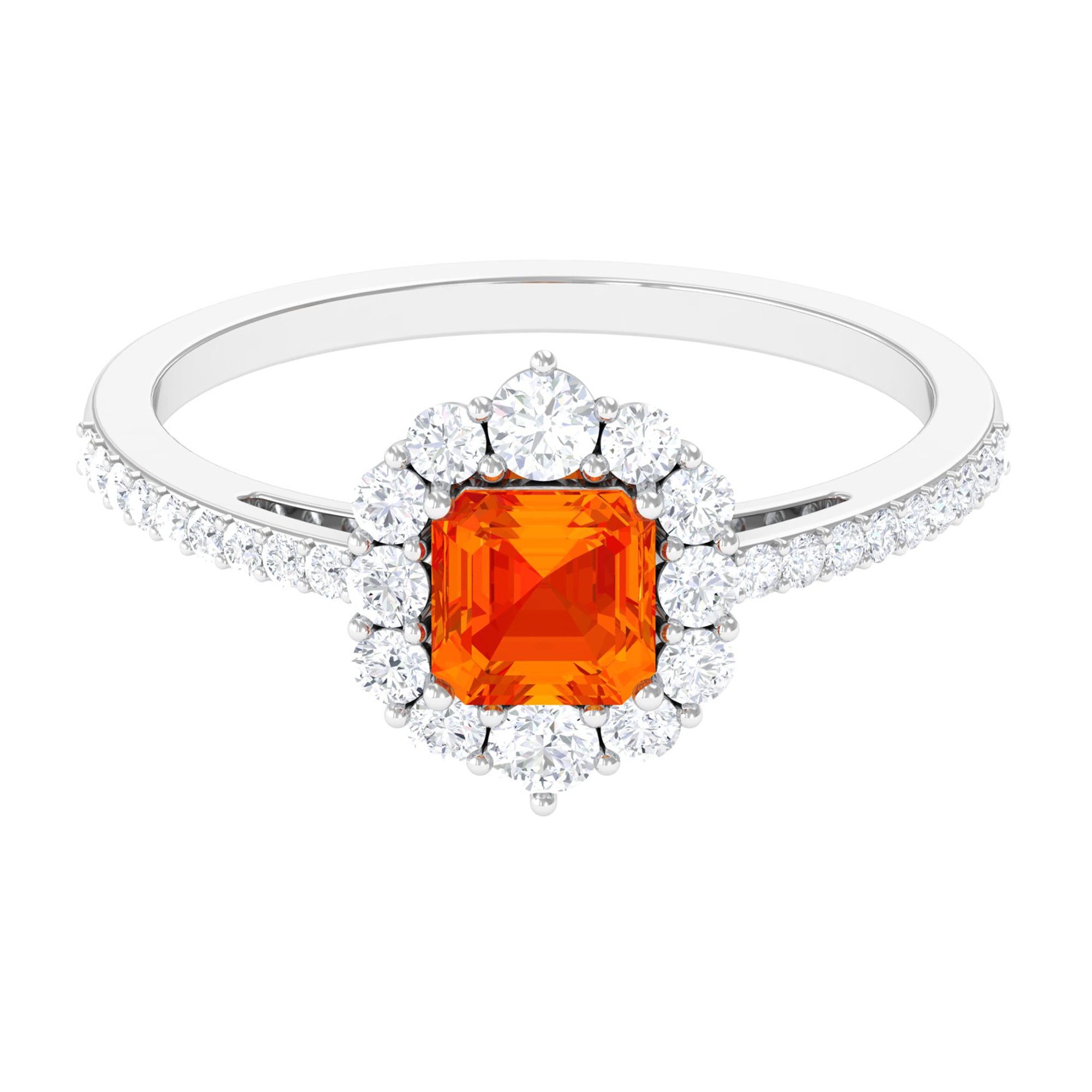 Asscher Cut Created Orange Sapphire and Diamond Frame Engagement Ring Lab Created Orange Sapphire - ( AAAA ) - Quality - Rosec Jewels