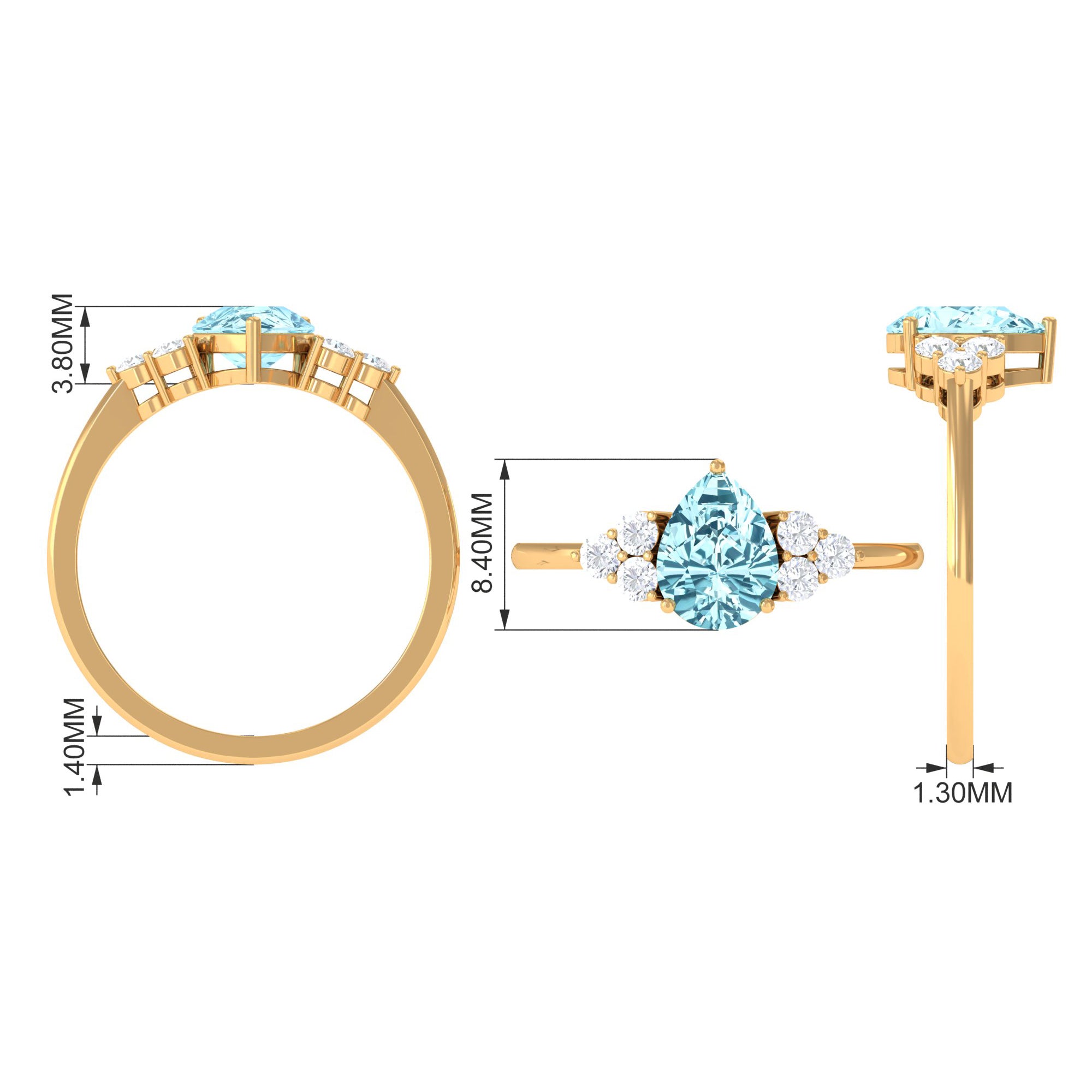 Classic Pear Shape Aquamarine Solitaire Ring with Diamond Trio Aquamarine - ( AAA ) - Quality - Rosec Jewels