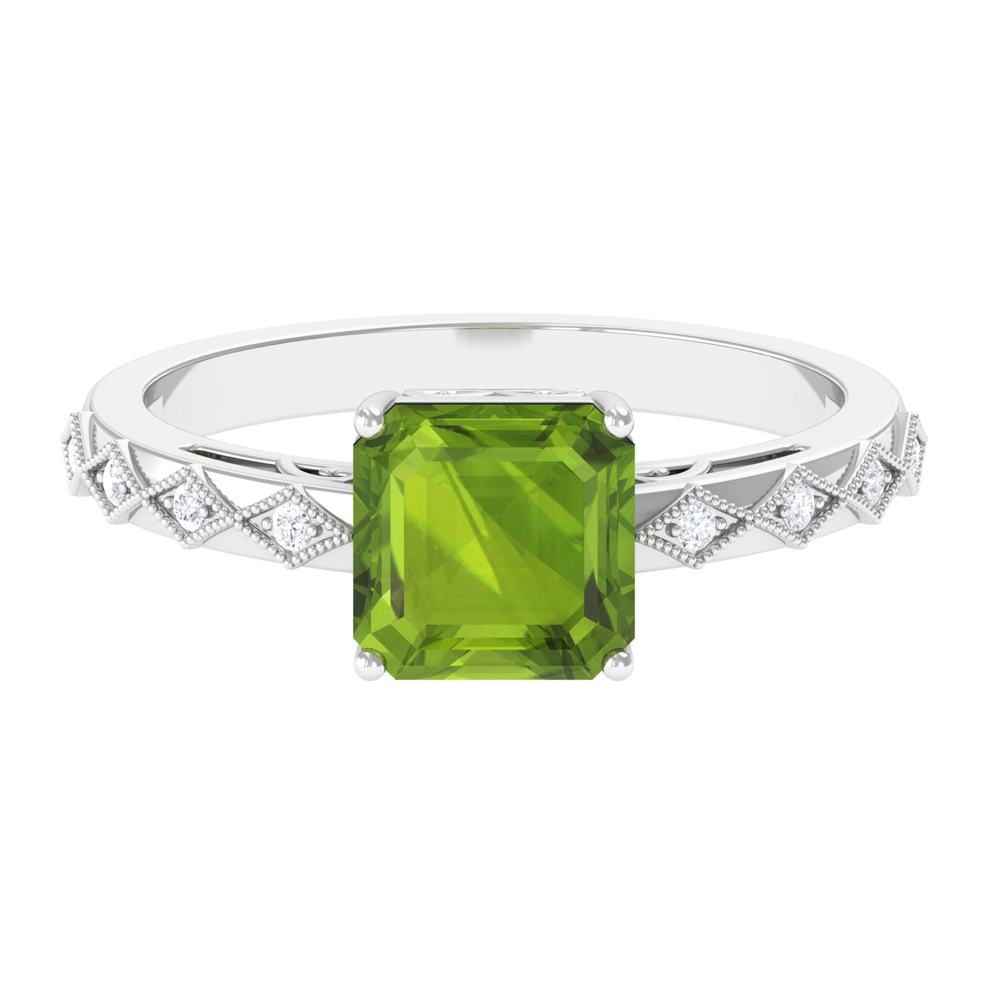 Asscher Cut Peridot Beaded Engagement Ring with Diamond Peridot - ( AAA ) - Quality - Rosec Jewels