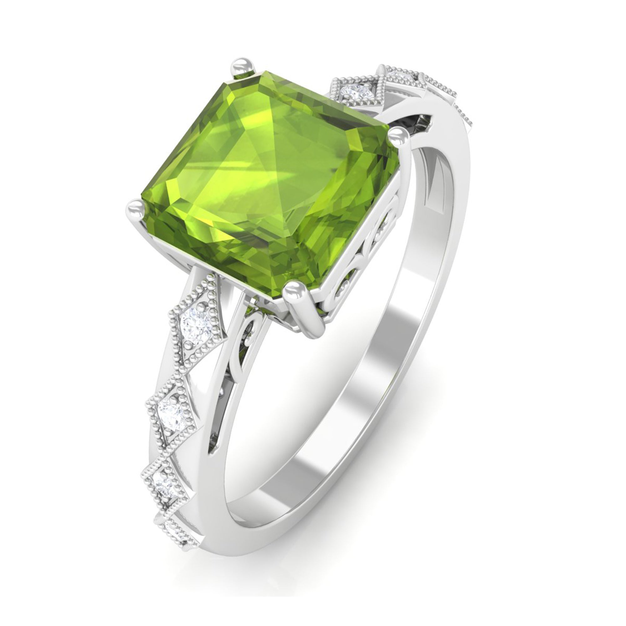 Asscher Cut Peridot Beaded Engagement Ring with Diamond Peridot - ( AAA ) - Quality - Rosec Jewels