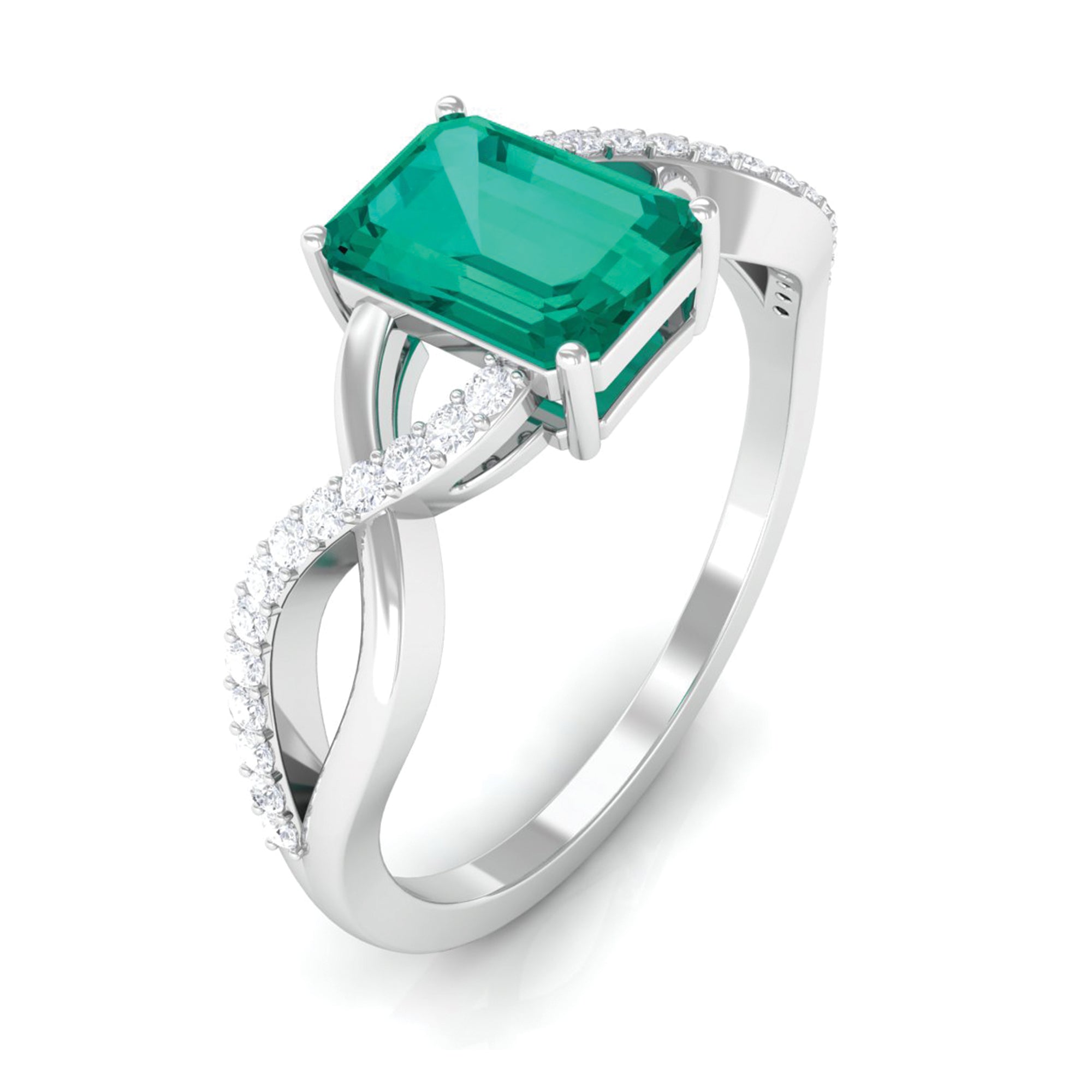 Octagon shape Emerald and Diamond Crossover Engagement Ring Emerald - ( AAA ) - Quality - Rosec Jewels