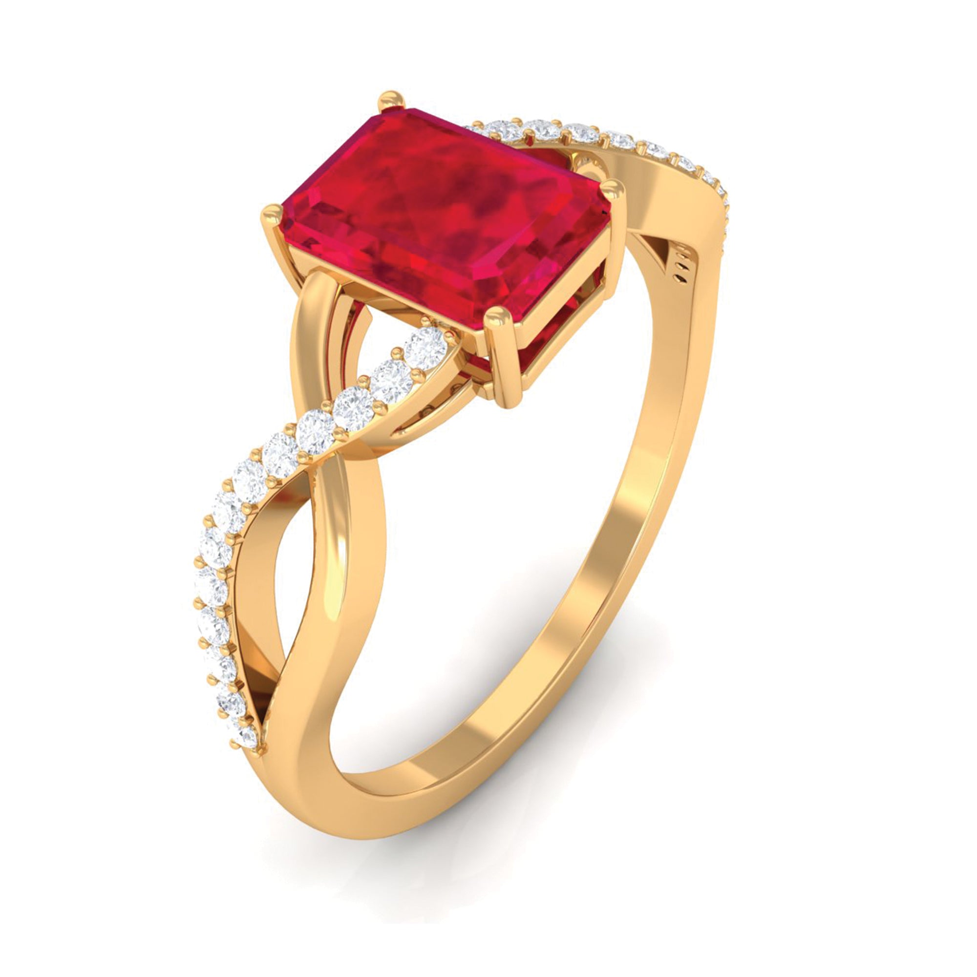 Emerald Cut Created Ruby and Diamond Crossover Engagement Ring Lab Created Ruby - ( AAAA ) - Quality - Rosec Jewels