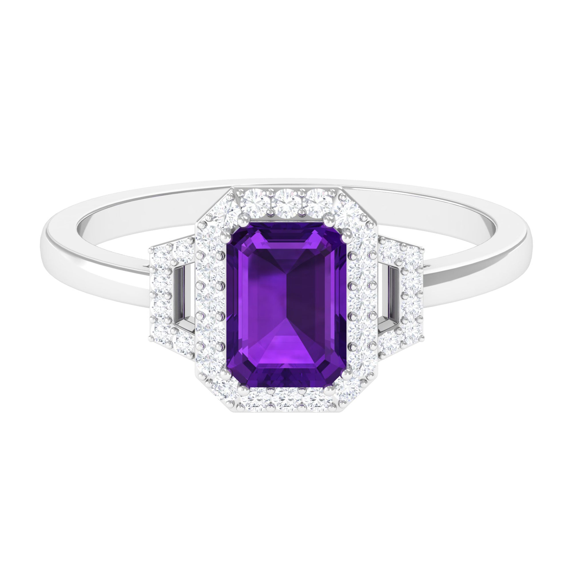 Octagon Amethyst Statement Engagement Ring with Diamond Amethyst - ( AAA ) - Quality - Rosec Jewels