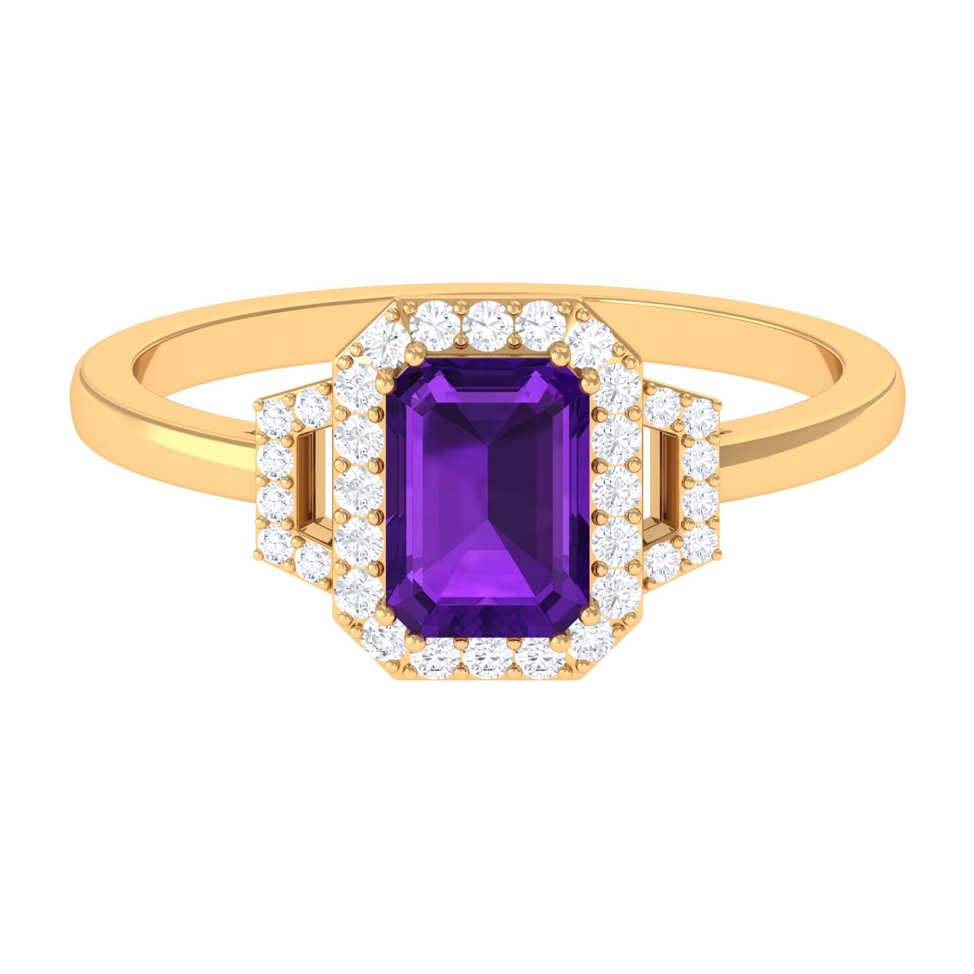 Octagon Amethyst Statement Engagement Ring with Diamond Amethyst - ( AAA ) - Quality - Rosec Jewels