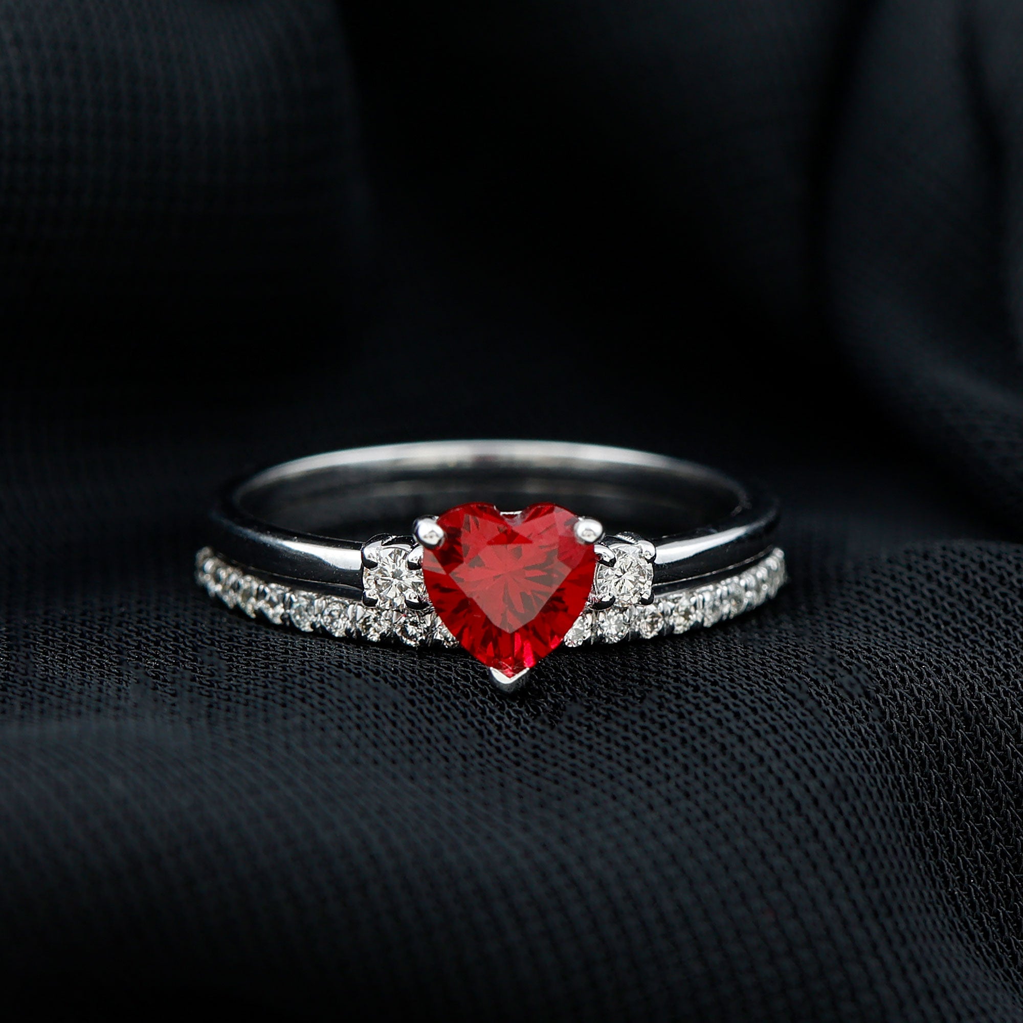 Heart Shape Created Ruby Ring Set with Diamond Enhancer Lab Created Ruby - ( AAAA ) - Quality - Rosec Jewels