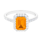 Emerald Cut Fire Opal Simple Engagement Ring with Diamond Halo Fire Opal - ( AAA ) - Quality - Rosec Jewels