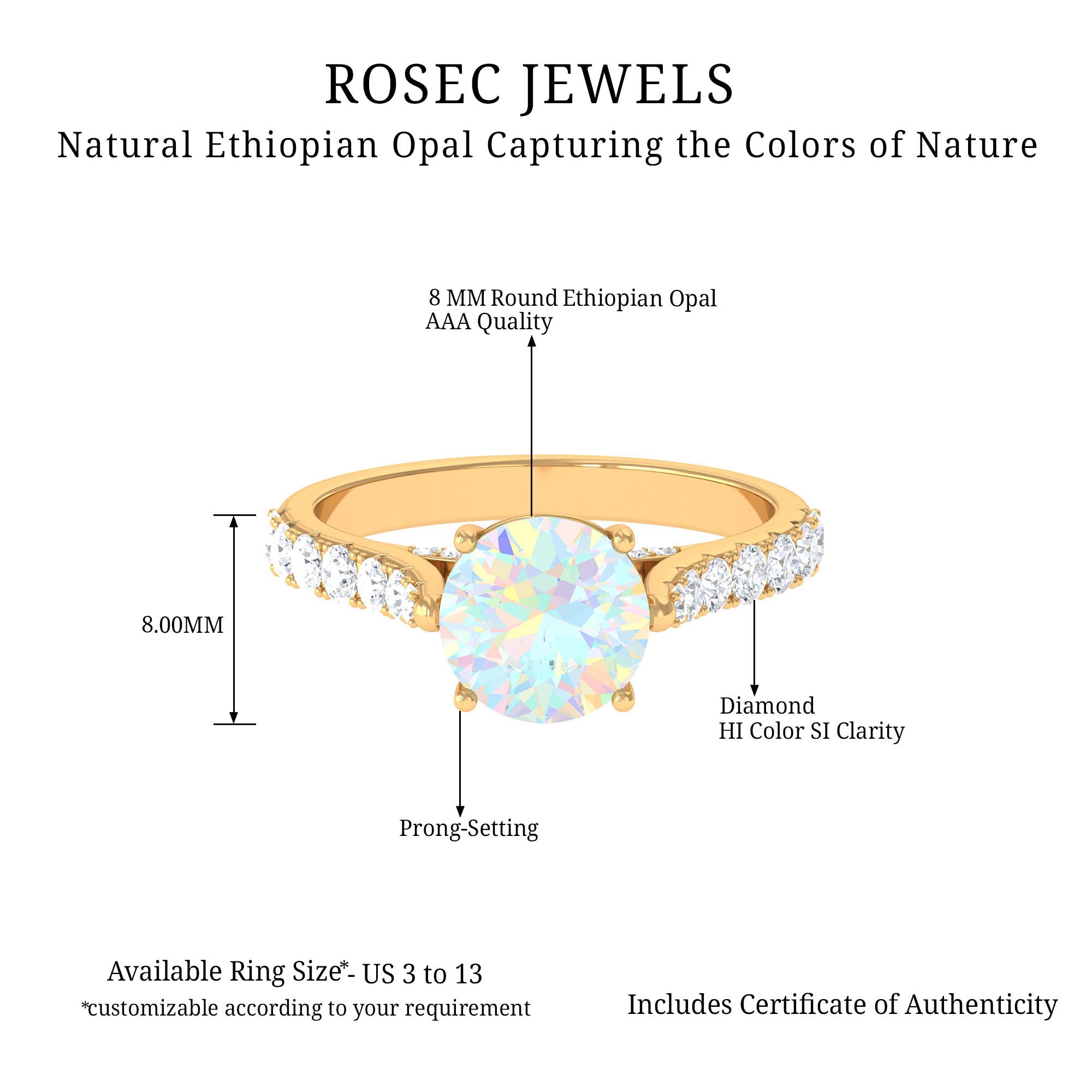 3 CT Ethiopian Opal Solitaire Engagement Ring with Diamond Side Stones Ethiopian Opal - ( AAA ) - Quality - Rosec Jewels