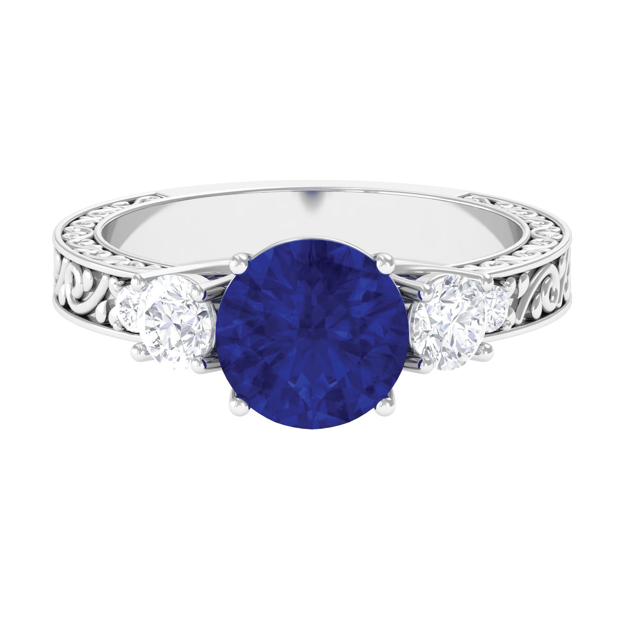 Round Created Blue Sapphire and Moissanite Art Deco Engagement Ring in Gold Lab Created Blue Sapphire - ( AAAA ) - Quality - Rosec Jewels