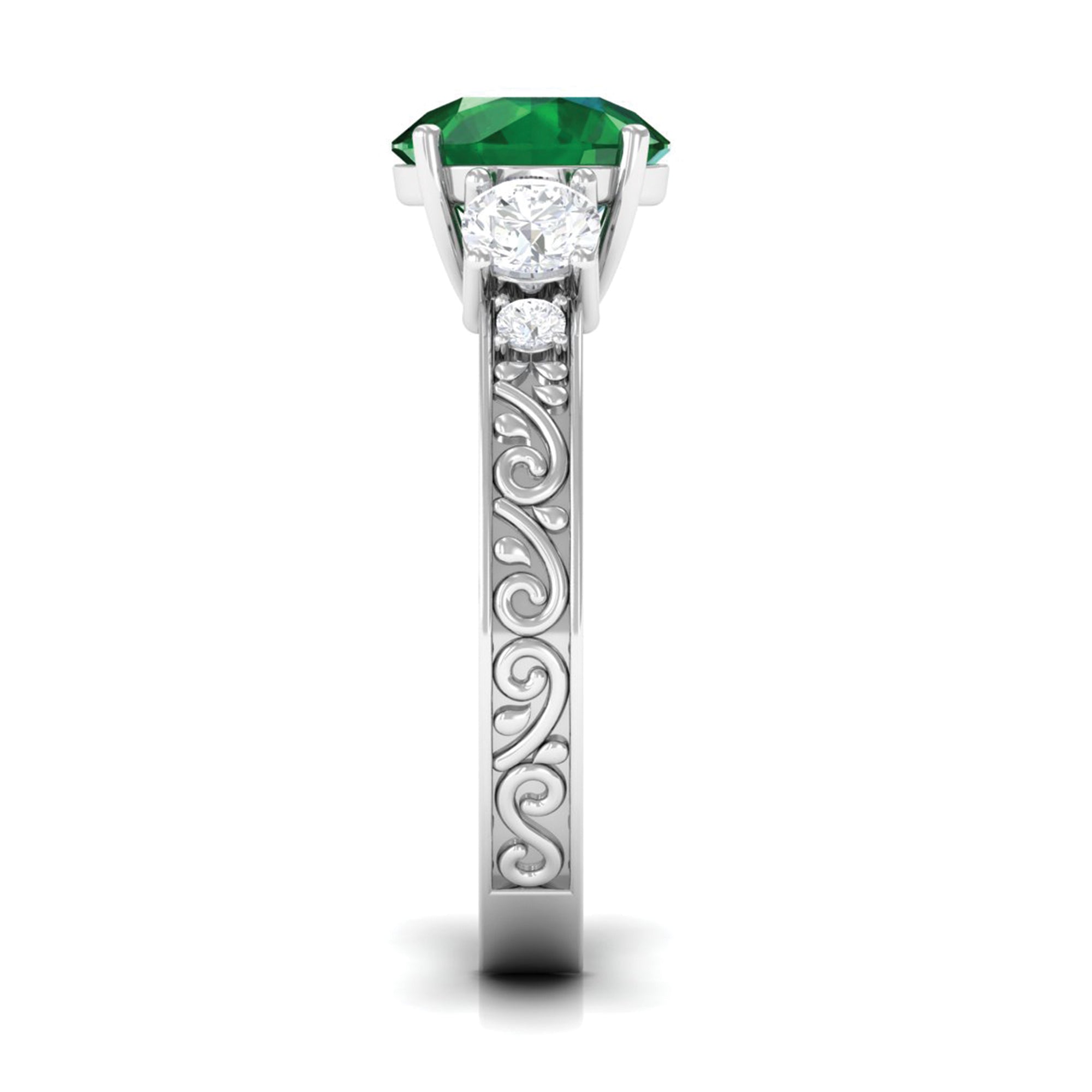 Round Created Emerald and Moissanite Art Deco Engagement Ring in Gold Lab Created Emerald - ( AAAA ) - Quality - Rosec Jewels