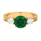 Round Created Emerald and Moissanite Art Deco Engagement Ring in Gold Lab Created Emerald - ( AAAA ) - Quality - Rosec Jewels