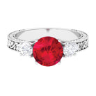 Round Created Ruby and Moissanite Art Deco Engagement Ring in Gold Lab Created Ruby - ( AAAA ) - Quality - Rosec Jewels