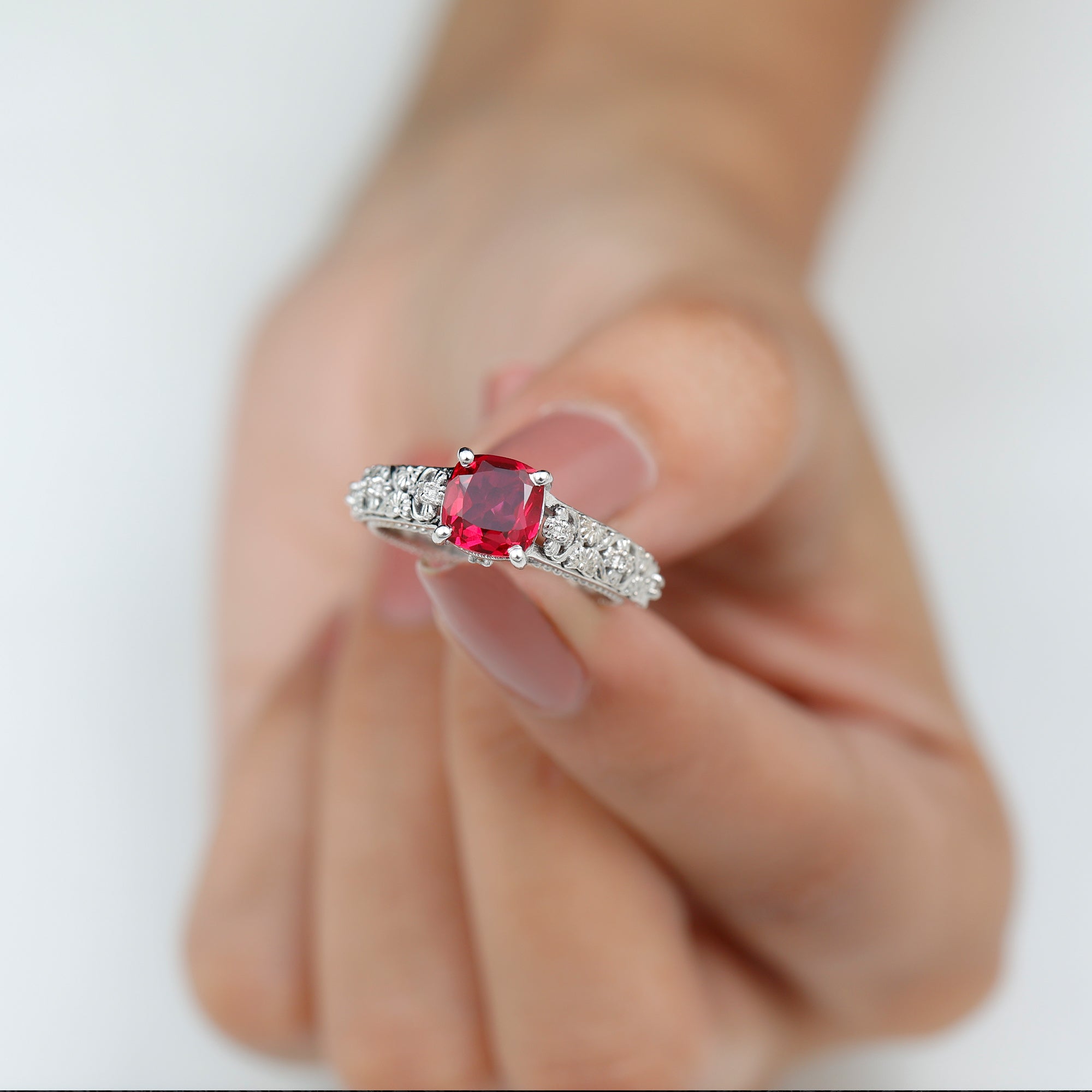 Cushion Cut Lab Grown Ruby Floral Engagement Ring with Diamond Lab Created Ruby - ( AAAA ) - Quality - Rosec Jewels