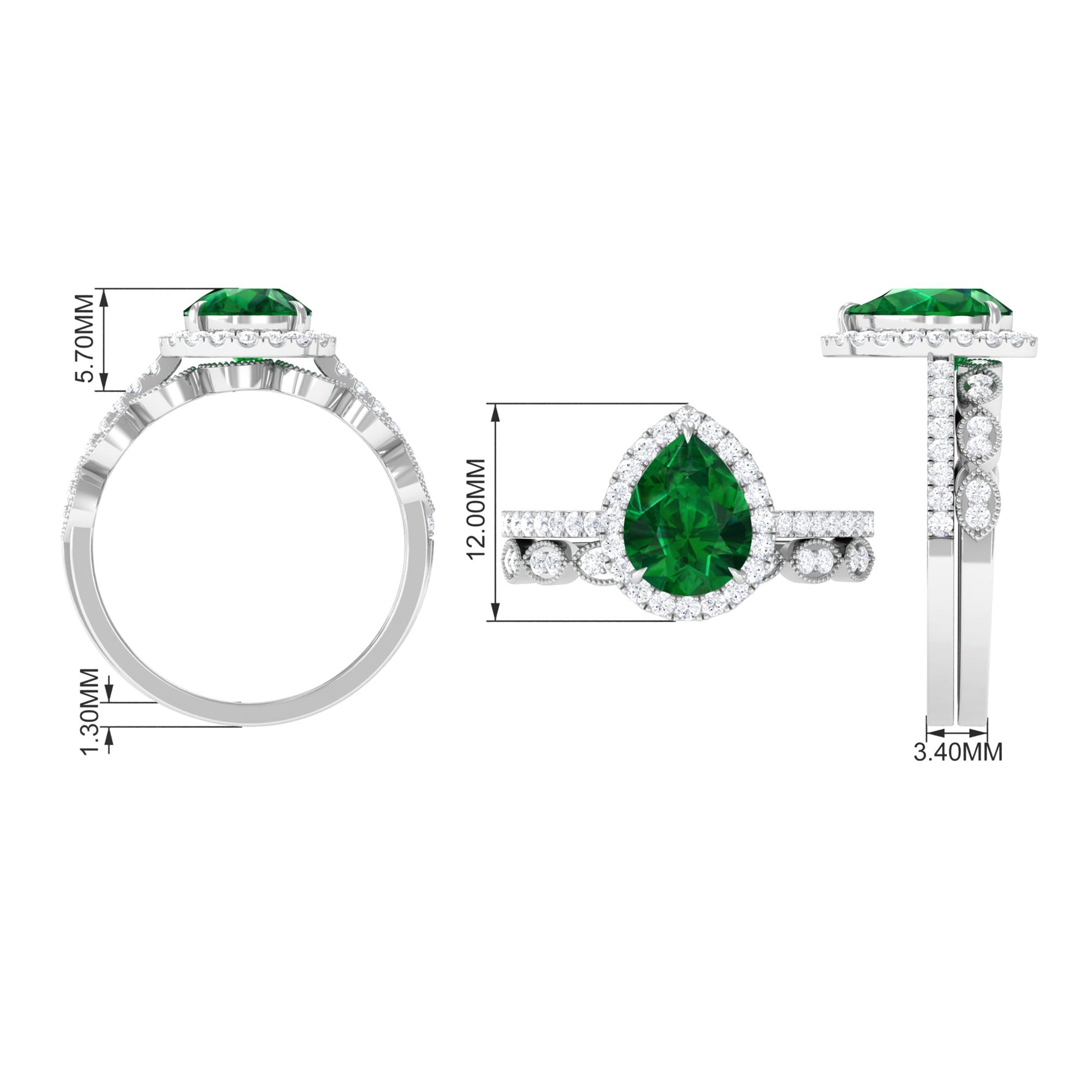 Pear Shape Created Emerald and Diamond Designer Wedding Ring Set Lab Created Emerald - ( AAAA ) - Quality - Rosec Jewels