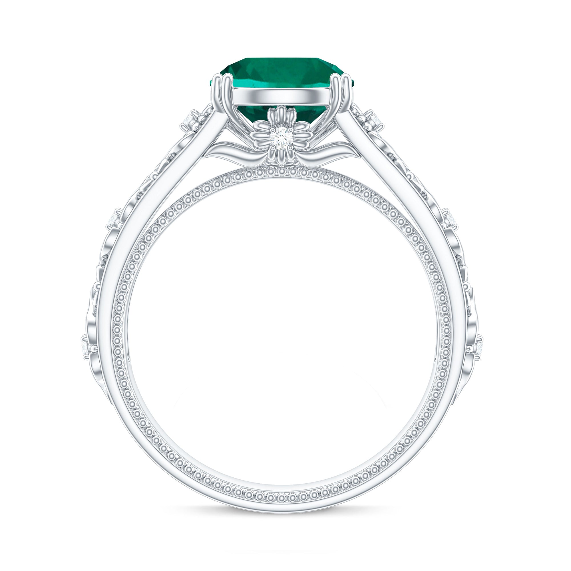 Solitaire Created Emerald Flower Engagement Ring with Diamond Lab Created Emerald - ( AAAA ) - Quality - Rosec Jewels