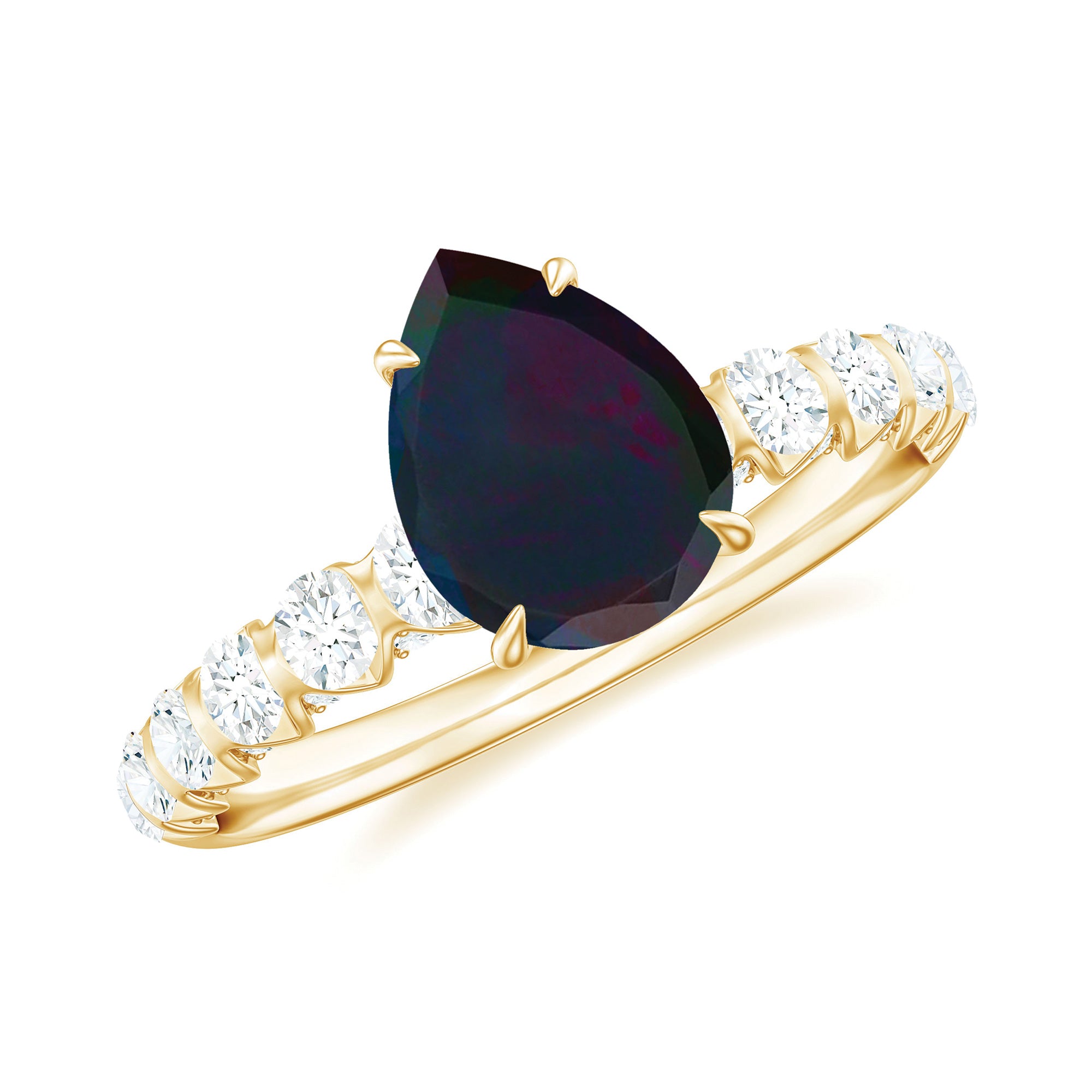 Pear Shape Black Opal Solitaire Engagement Ring with Diamond Black Opal - ( AAA ) - Quality - Rosec Jewels