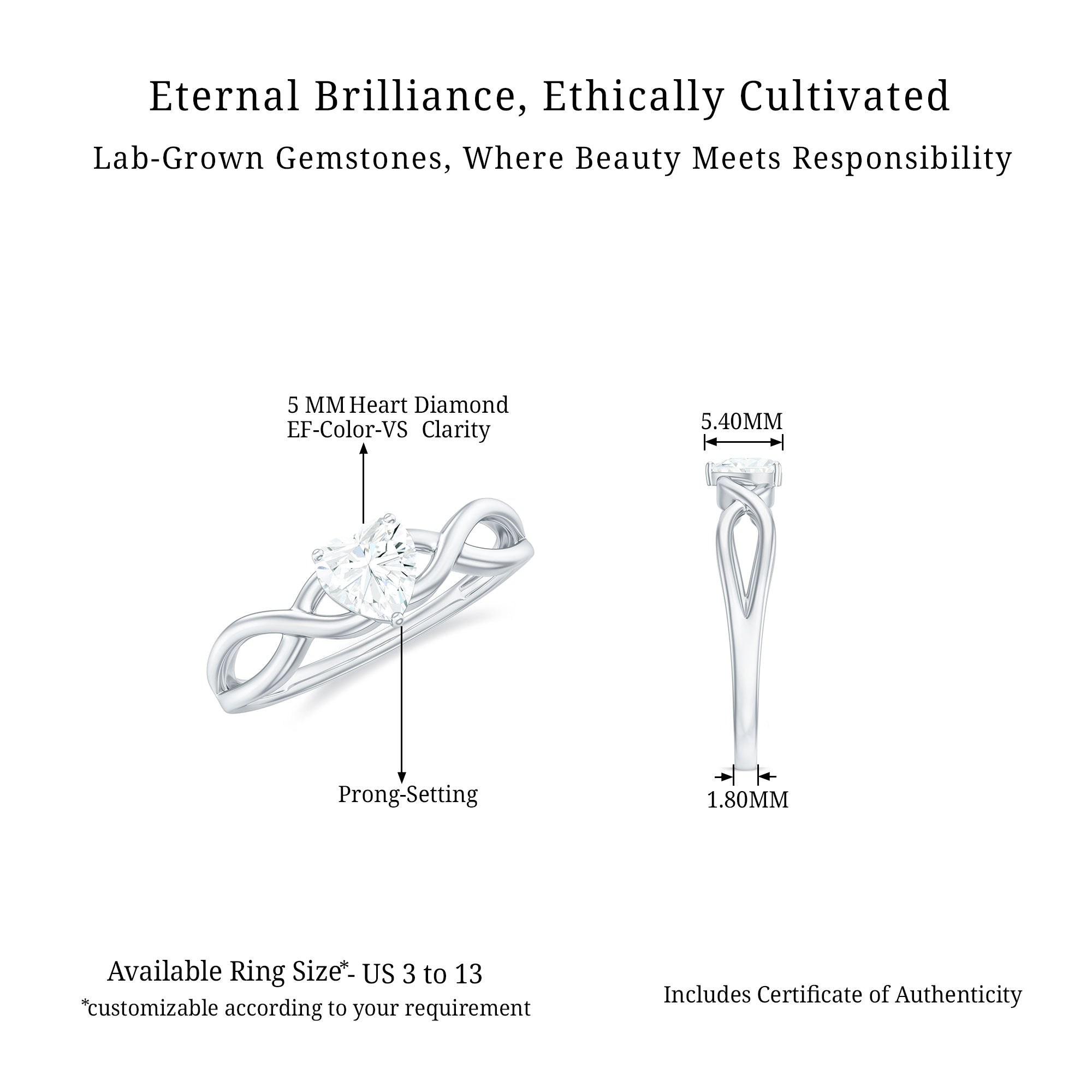 Heart Shape Lab Grown Diamond Solitaire Promise Ring in Crossover Shank Lab Grown Diamond - ( EF-VS ) - Color and Clarity - Rosec Jewels