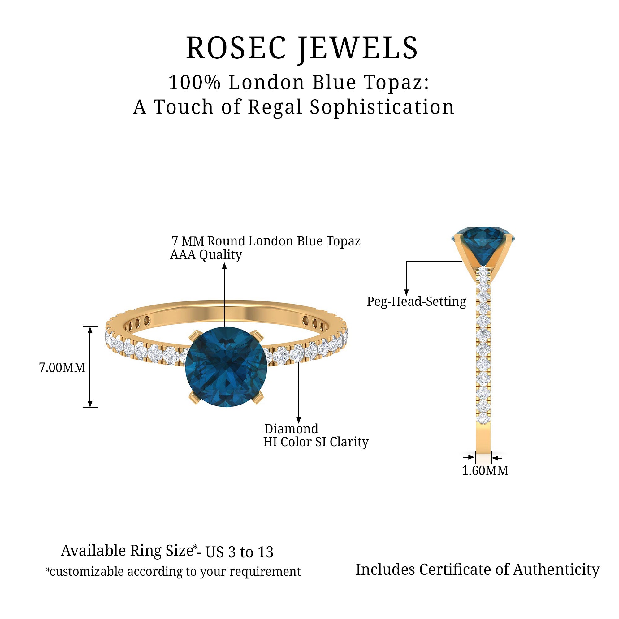 2.25 CT London Blue Topaz Solitaire Ring with Diamond Side Stones London Blue Topaz - ( AAA ) - Quality - Rosec Jewels