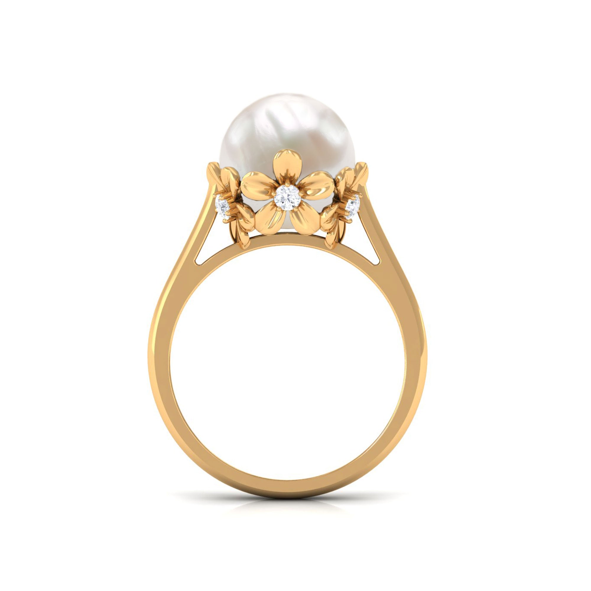 Rosec Jewels-Floral Set Freshwater Pearl Solitaire Ring with Diamond Accent