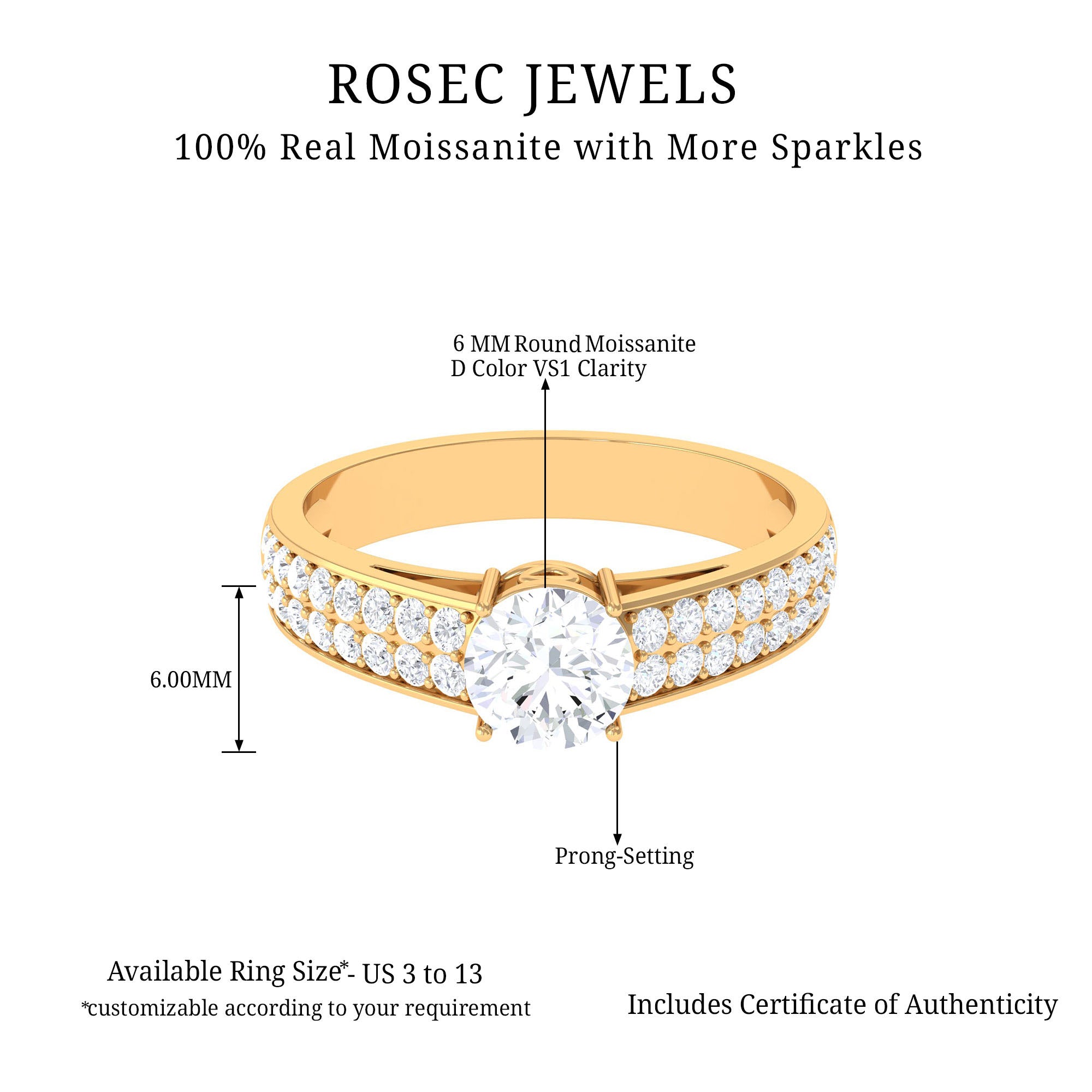 1.50 CT Moissanite Solitaire Engagement Ring with Side Stones Moissanite - ( D-VS1 ) - Color and Clarity - Rosec Jewels