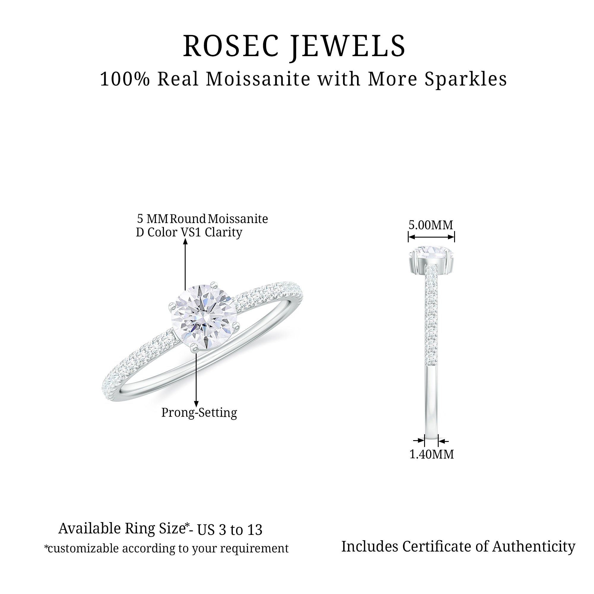 Round Shape Moissanite Solitaire Ring with Side Stones in Gold Moissanite - ( D-VS1 ) - Color and Clarity - Rosec Jewels