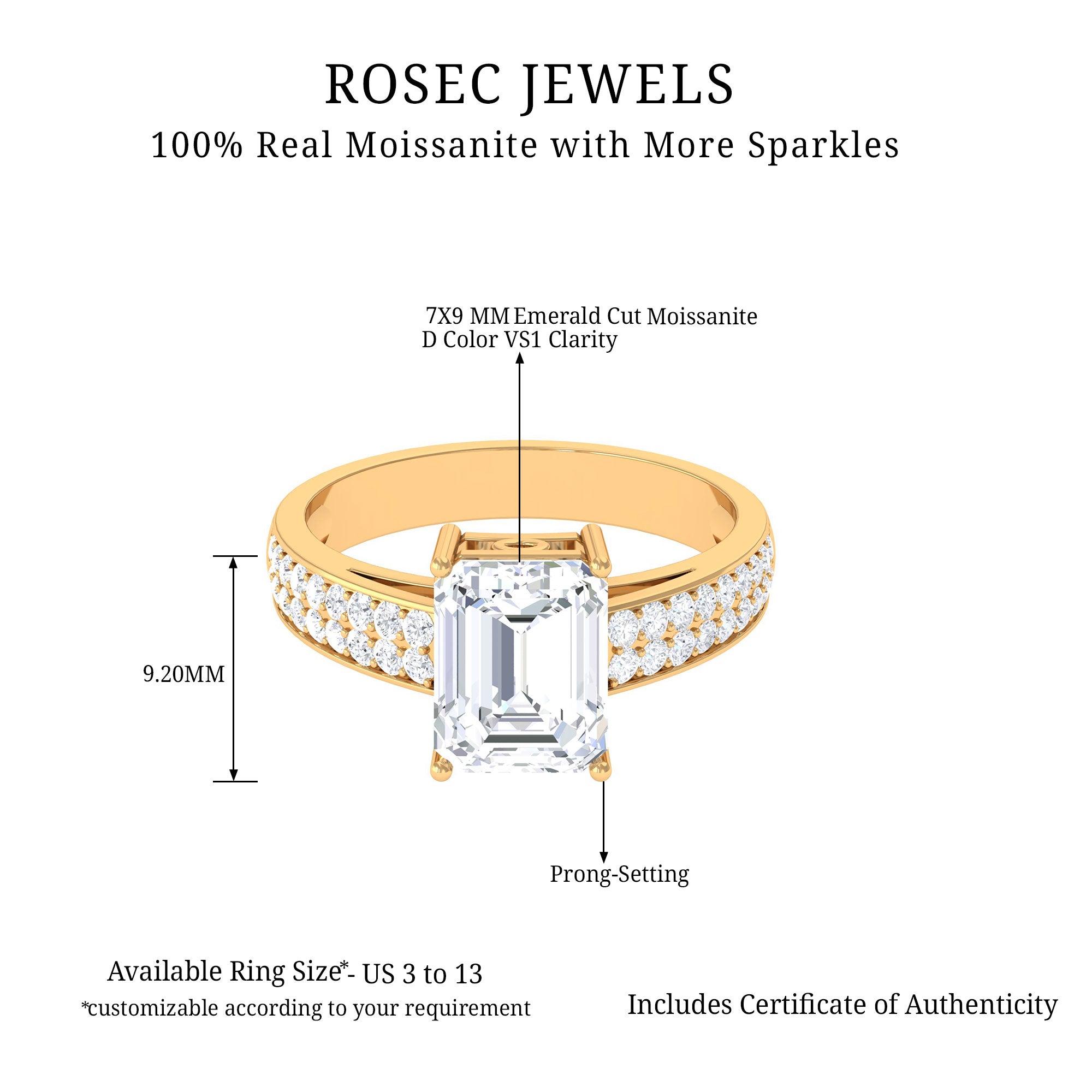 3.75 CT Octagon Cut Moissanite Solitaire Engagement Ring Moissanite - ( D-VS1 ) - Color and Clarity - Rosec Jewels