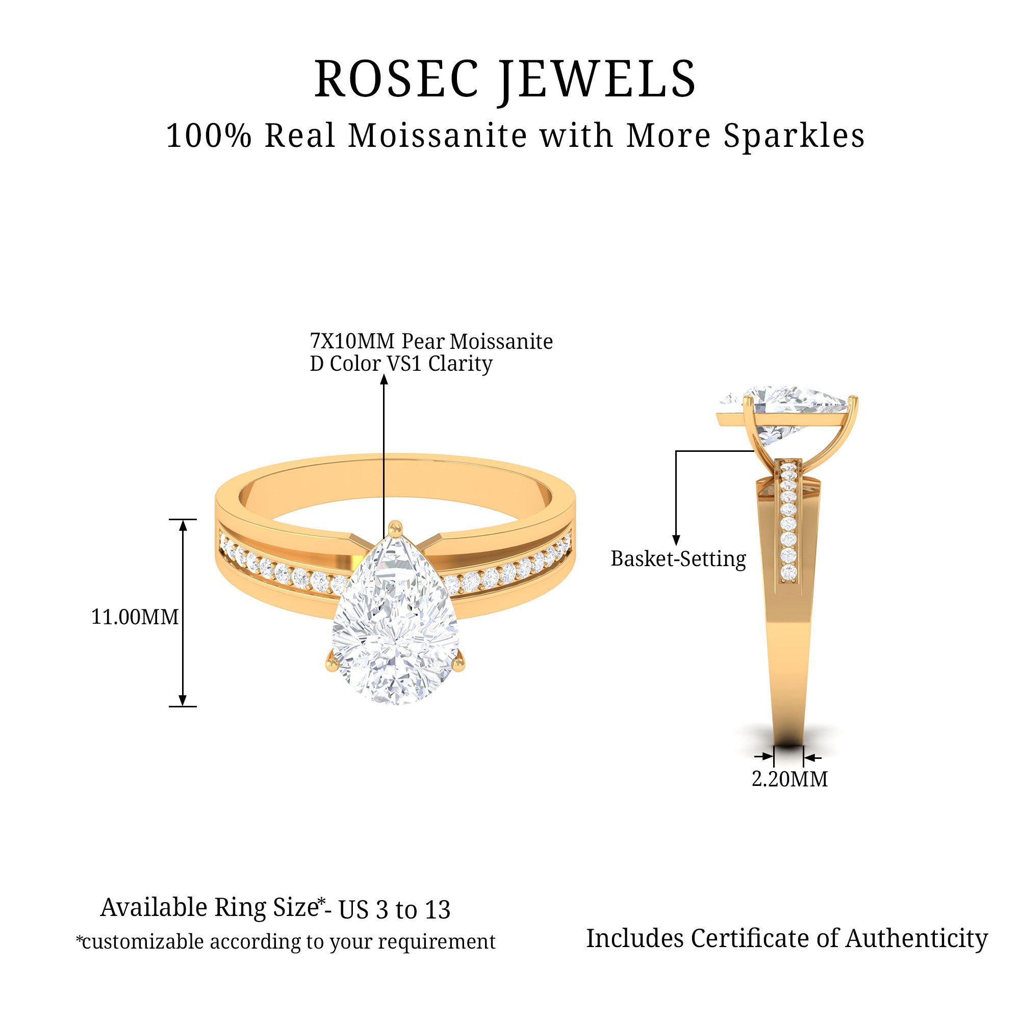 2 CT Pear Cut Moissanite Two Tone Engagement Ring Moissanite - ( D-VS1 ) - Color and Clarity - Rosec Jewels