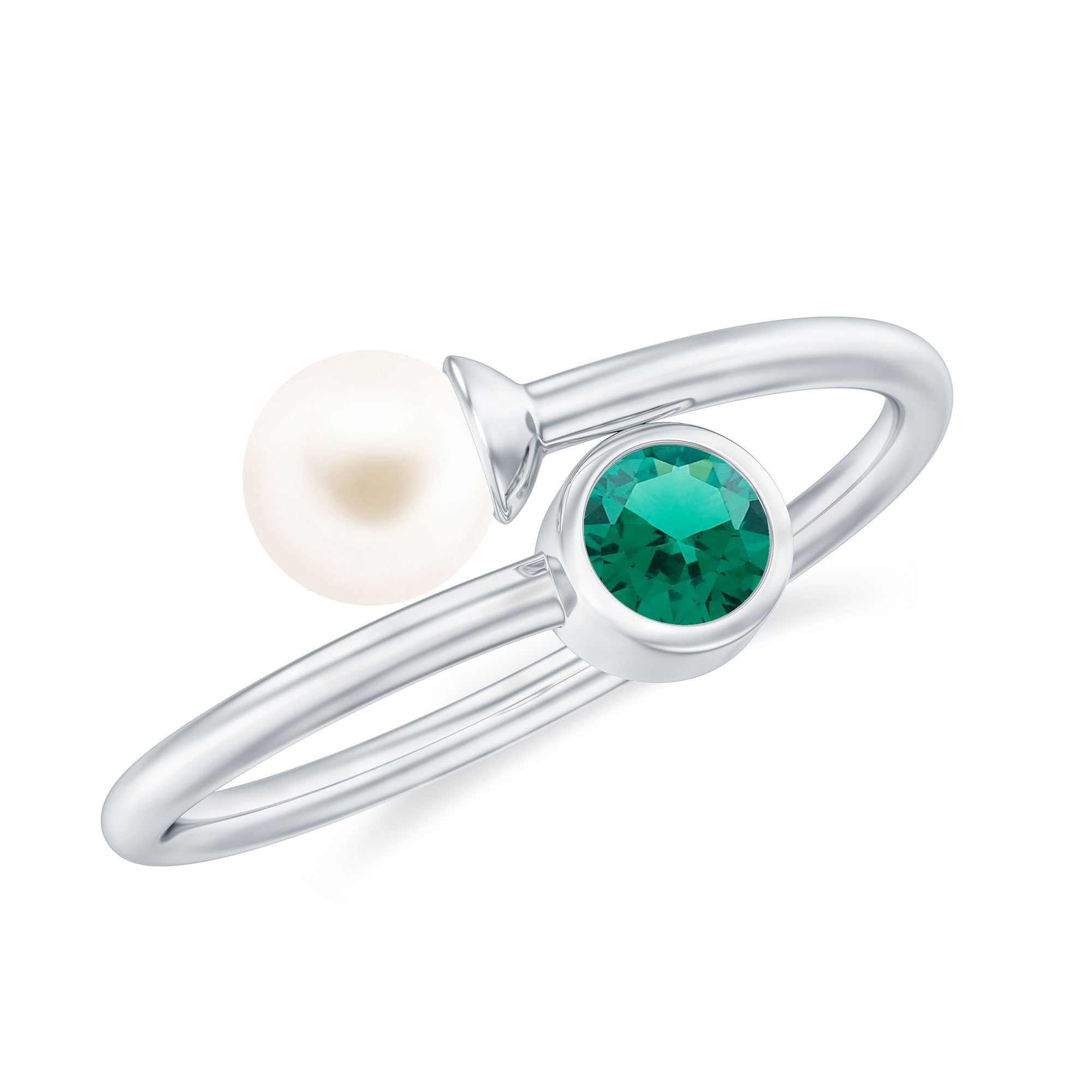 3/4 CT Freshwater Pearl and Created Emerald Two Stone Ring in Gold Freshwater Pearl - ( AAA ) - Quality - Rosec Jewels