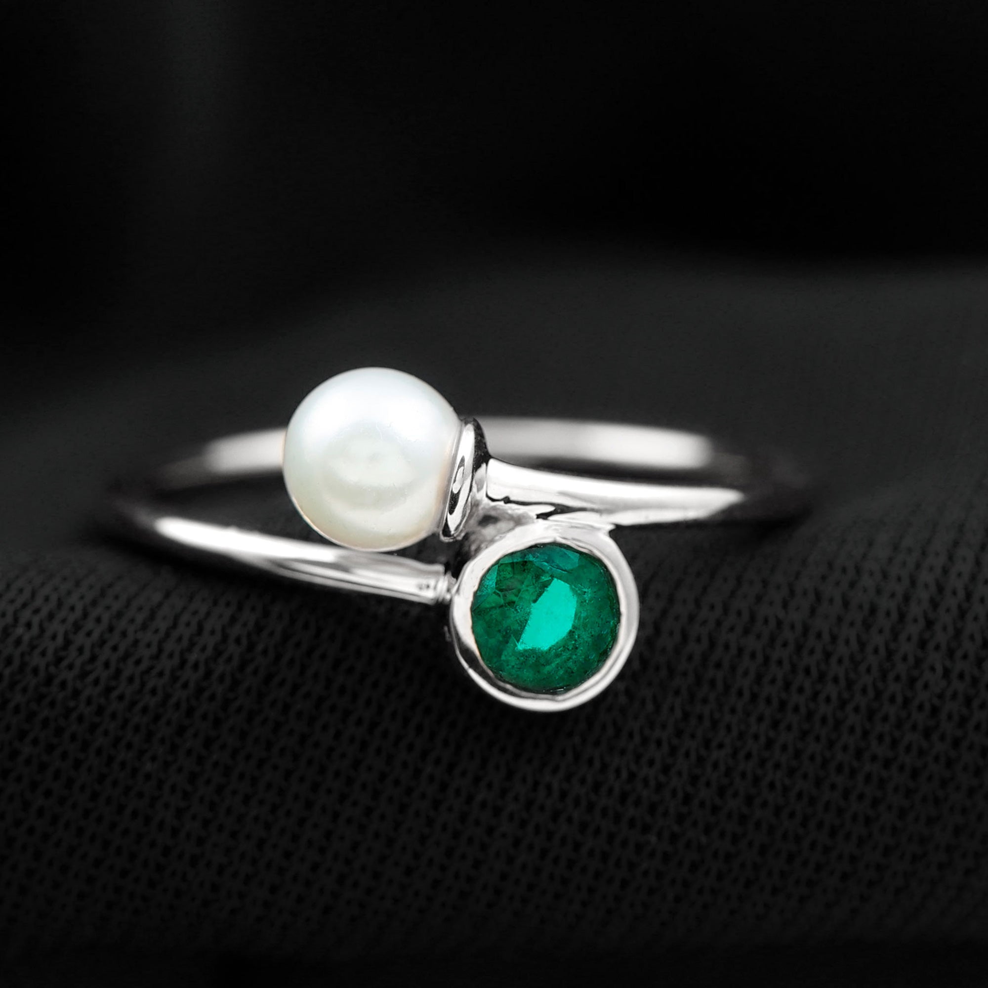 3/4 CT Freshwater Pearl and Created Emerald Two Stone Ring in Gold Freshwater Pearl - ( AAA ) - Quality - Rosec Jewels