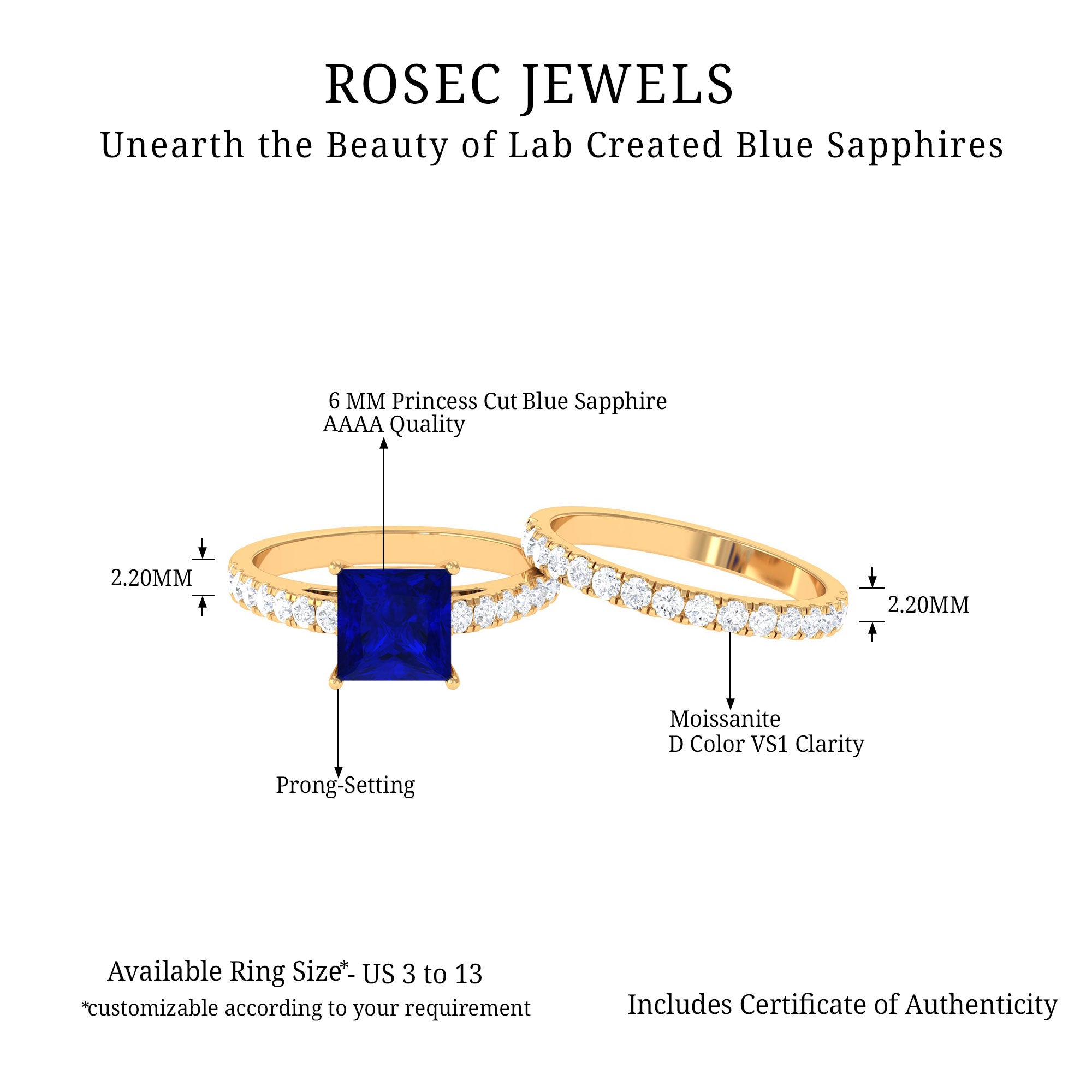 Princess Cut Lab Grown Blue Sapphire Solitaire Ring Set with Moissanite Lab Created Blue Sapphire - ( AAAA ) - Quality - Rosec Jewels