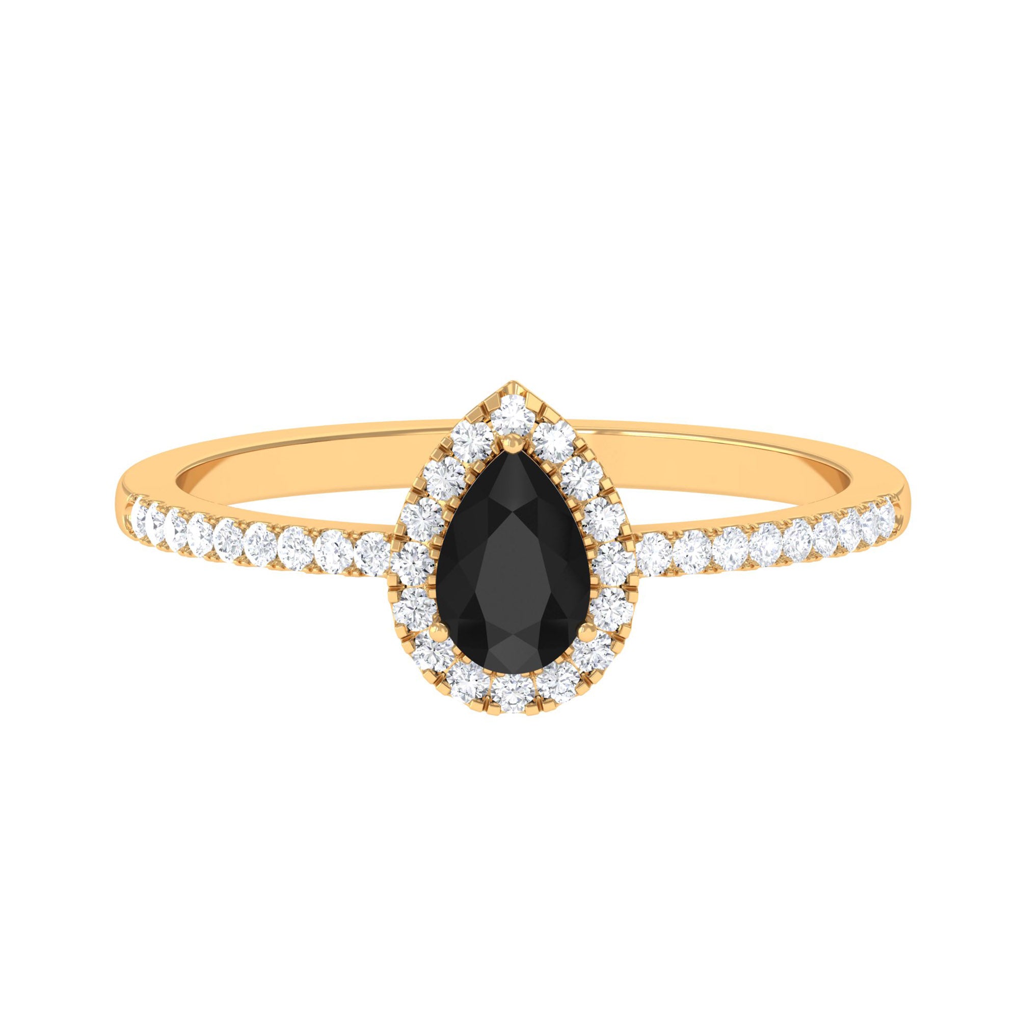 Black Onyx Teardrop Engagement Ring with Diamond Halo Black Onyx - ( AAA ) - Quality - Rosec Jewels