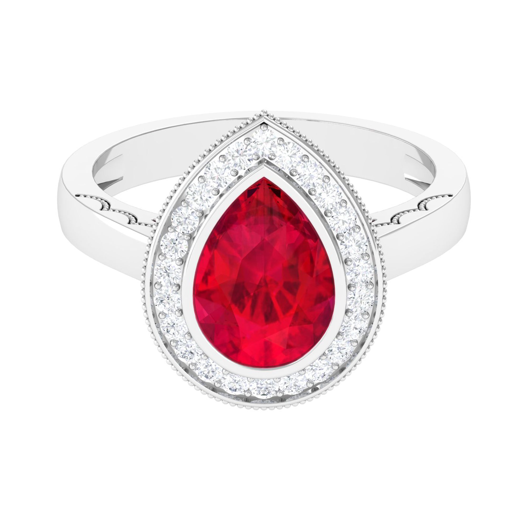 Vintage Style Created Ruby Teardrop Engagement Ring with Diamond Halo Lab Created Ruby - ( AAAA ) - Quality - Rosec Jewels