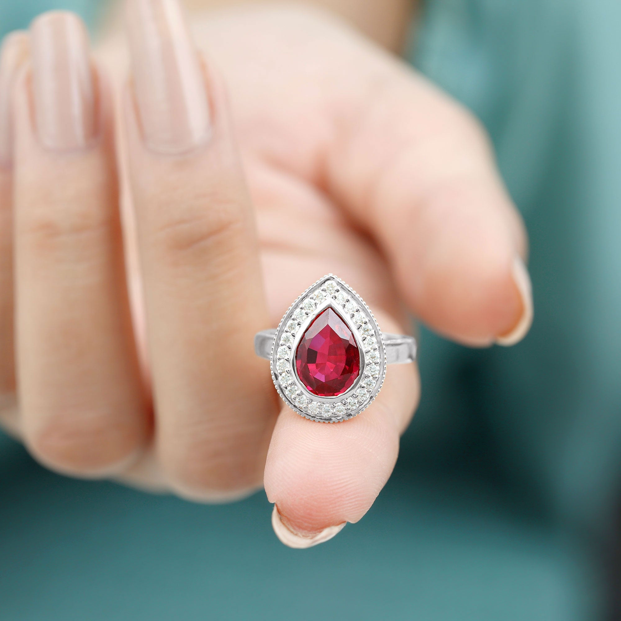 Vintage Style Created Ruby Teardrop Engagement Ring with Diamond Halo Lab Created Ruby - ( AAAA ) - Quality - Rosec Jewels