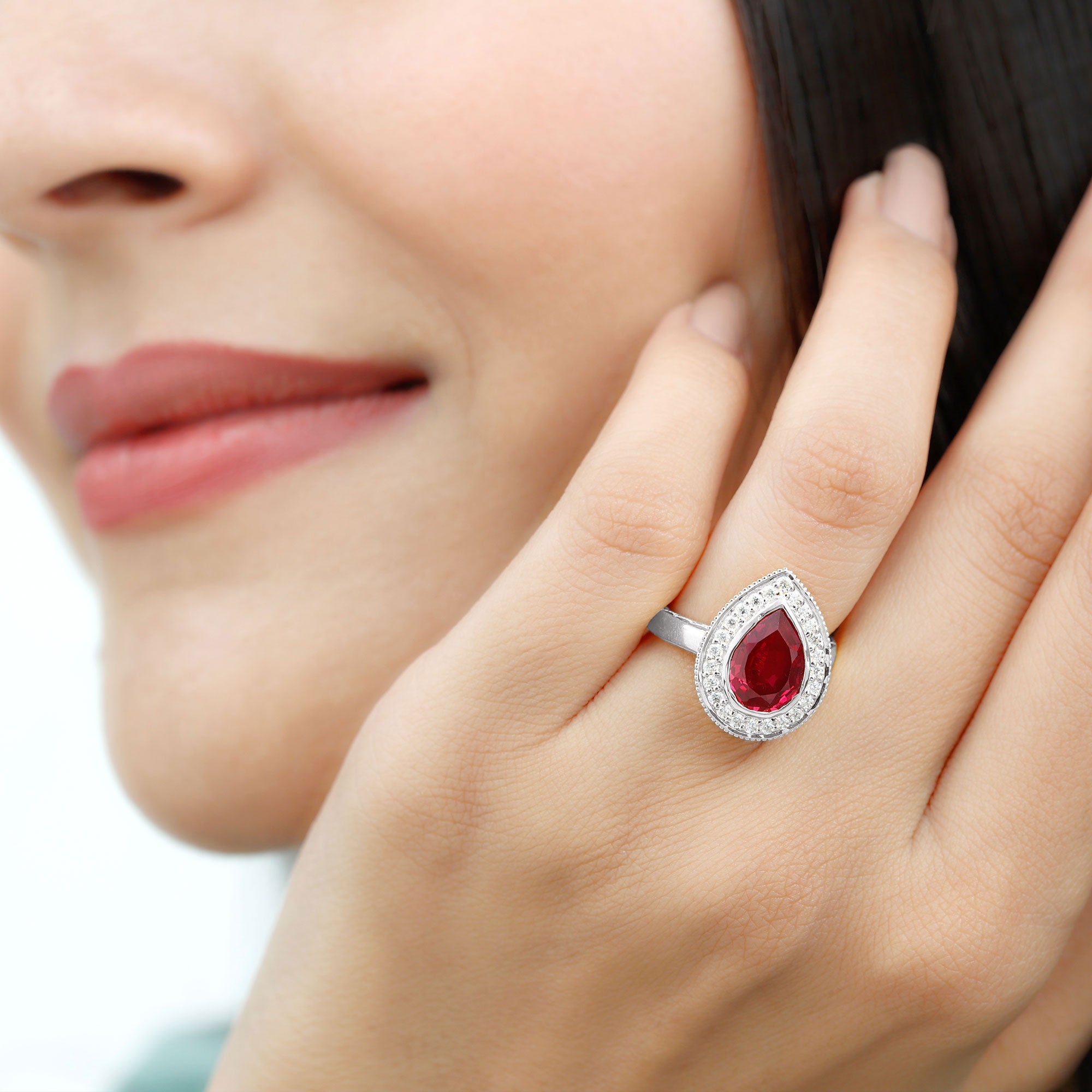 Vintage Style Created Ruby Teardrop Engagement Ring with Diamond Halo Lab Created Ruby - ( AAAA ) - Quality - Rosec Jewels