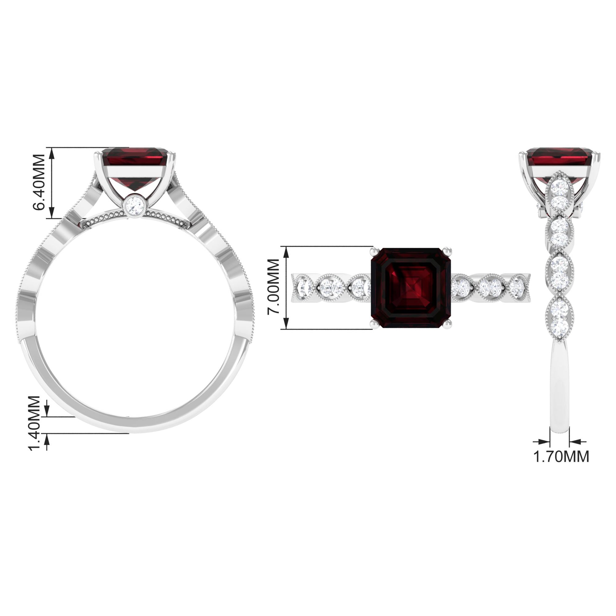 1.5 CT Asscher Cut Garnet Solitaire Engagement Ring with Diamond Side Stones Garnet - ( AAA ) - Quality - Rosec Jewels