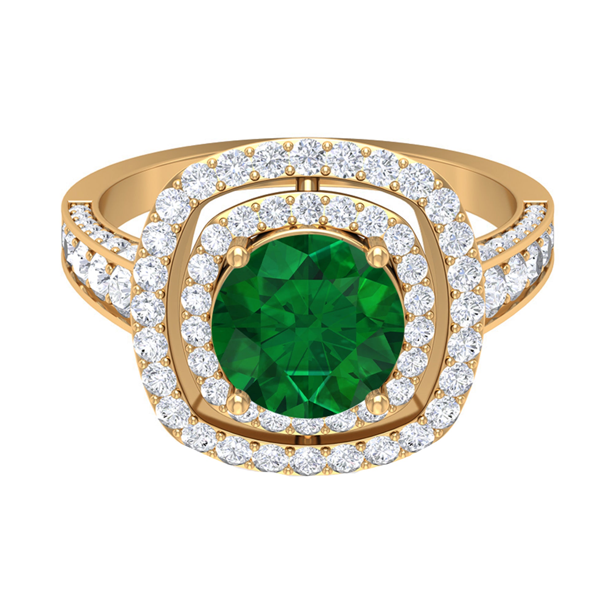 Certified Lab Grown Emerald Double Halo Engagement Ring With Moissanite Lab Created Emerald - ( AAAA ) - Quality - Rosec Jewels