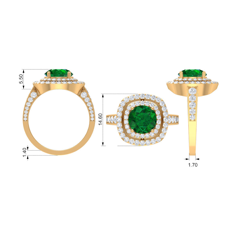 Certified Lab Grown Emerald Double Halo Engagement Ring With Moissanite Lab Created Emerald - ( AAAA ) - Quality - Rosec Jewels