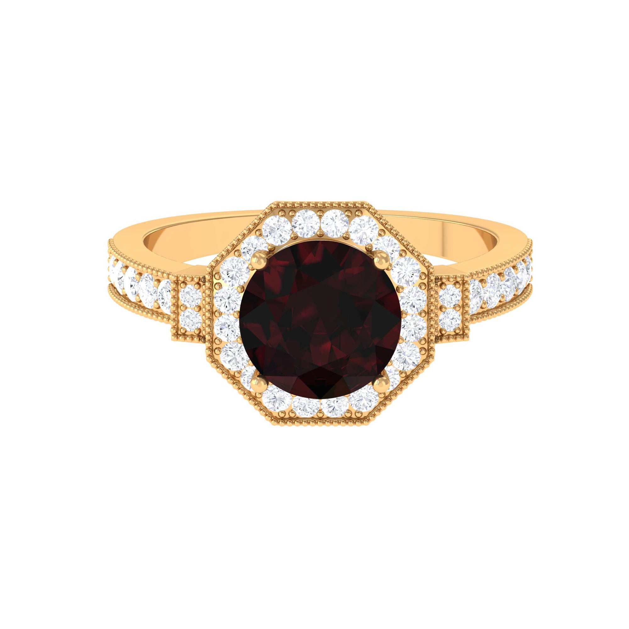 3.25 CT Garnet Vintage Engagement Ring with Diamond Side Stones and Milgrain Detailing Garnet - ( AAA ) - Quality - Rosec Jewels